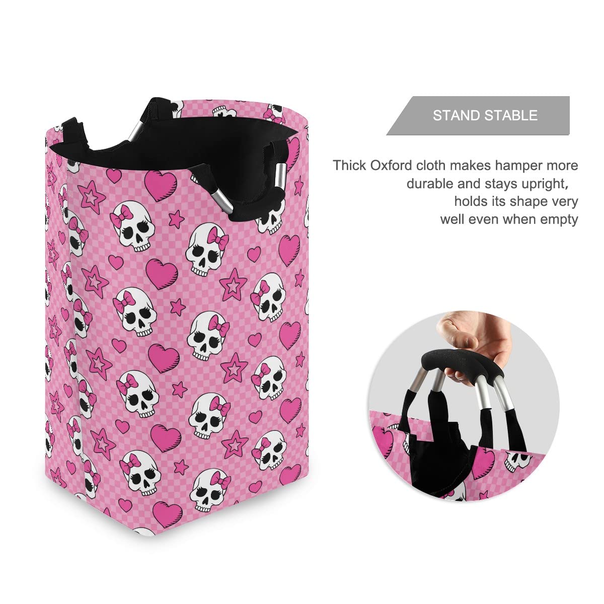 Pink Skull Girl Laundry Bag with Handles - Foldable Collapsible Laundry Basket Hamper for Laundry Room & Bathroom Organization - Perfect for College Dorm, Travel & Home Storage