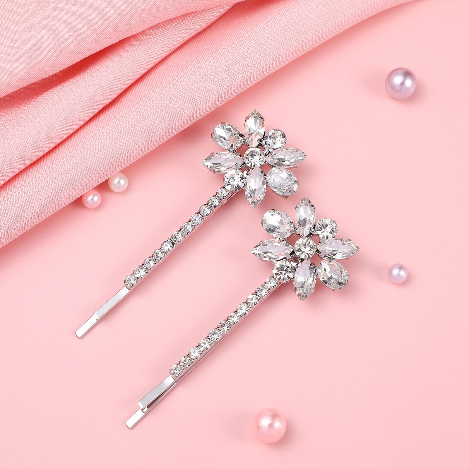 Elegant Crystal Flower Hair Pins - Rhinestone Floral Bobby Pins for Women | Bridal Hair Accessories | Wedding, Prom & Party Hair Clips (Silver)