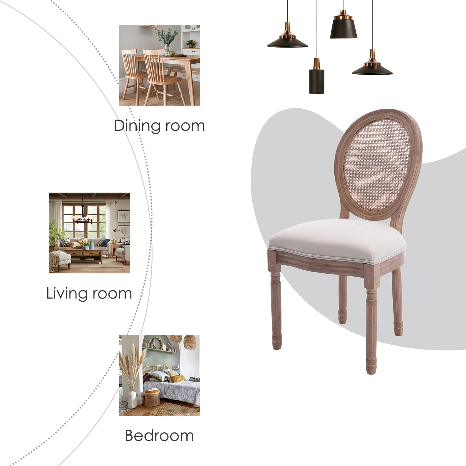 Kiztir French Country Dining Chairs Set of 4 - Farmhouse Style Upholstered Rattan Chairs with Round Backrest & Solid Wood Legs for Dining Room, Kitchen, Bedroom, Restaurant - Perfect for Farmhouse Decor, Casual Dining, and Entertaining Guests