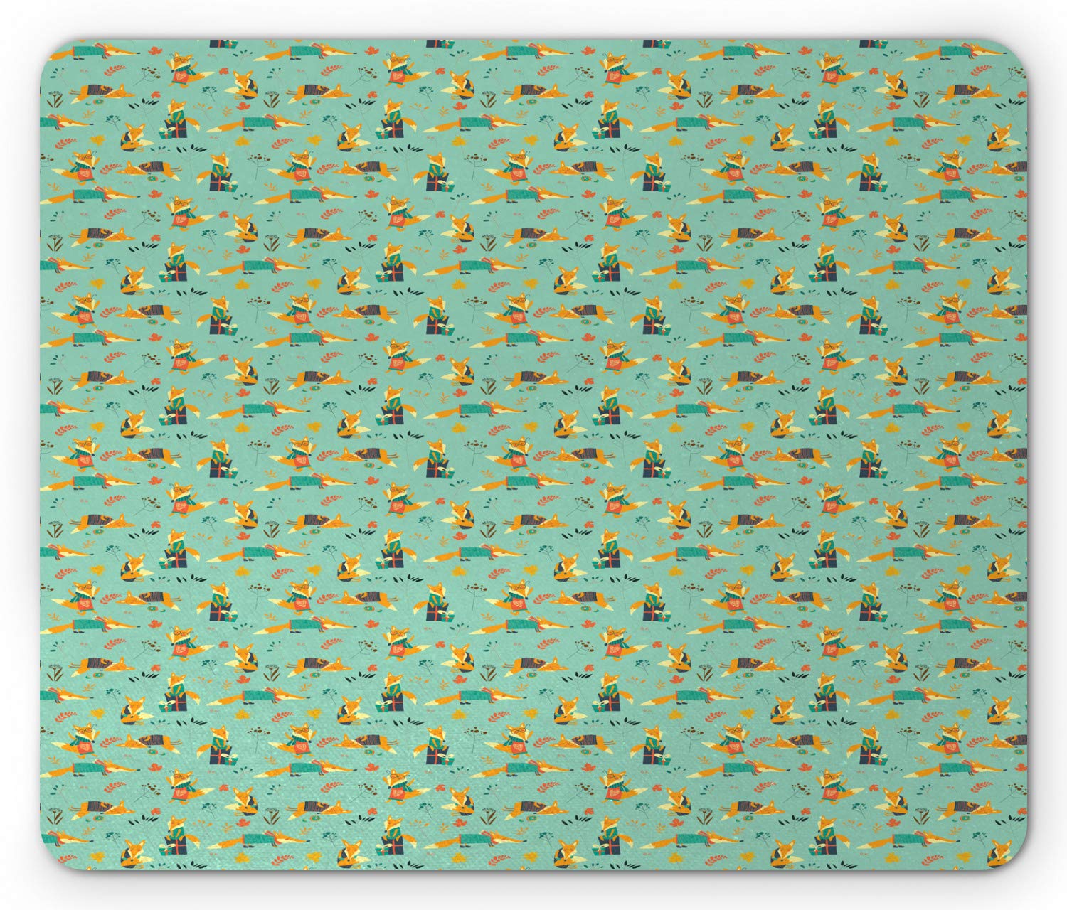 Ambesonne Cartoon Mouse Pad - Autumn Foliage Background with Hipster Foxes in Glasses Design, Non-Slip Rubber Mousepad, Standard Size Rectangle Mouse Pad in Pale Green & Orange - Perfect for Office, Gaming & Home Computer Use