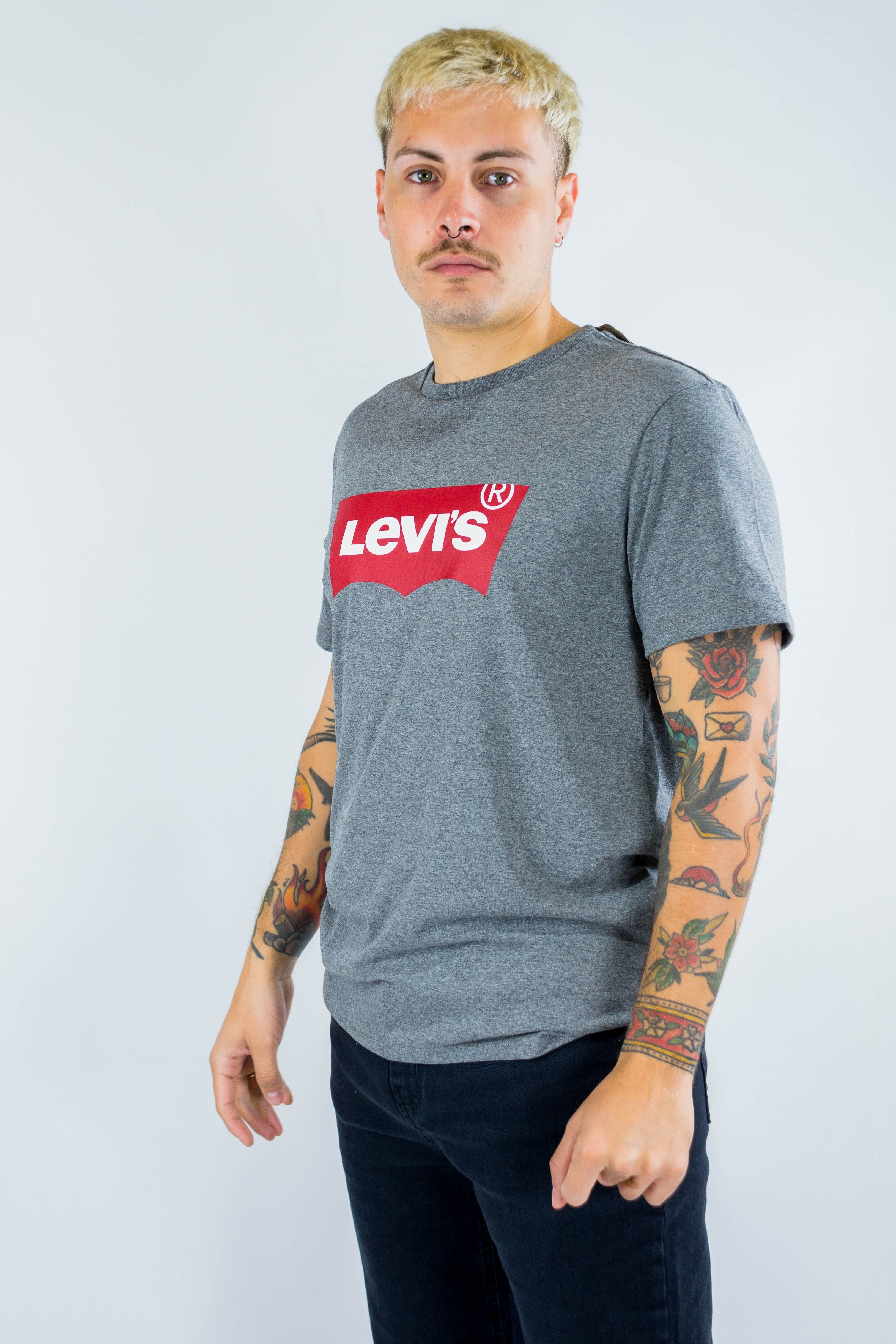 Levi's Graphic Print Batwing T-Shirt for Women - Dark Grey & Burgundy Red Crew Neck Tee | Casual Wear, Street Style, Everyday Outfit