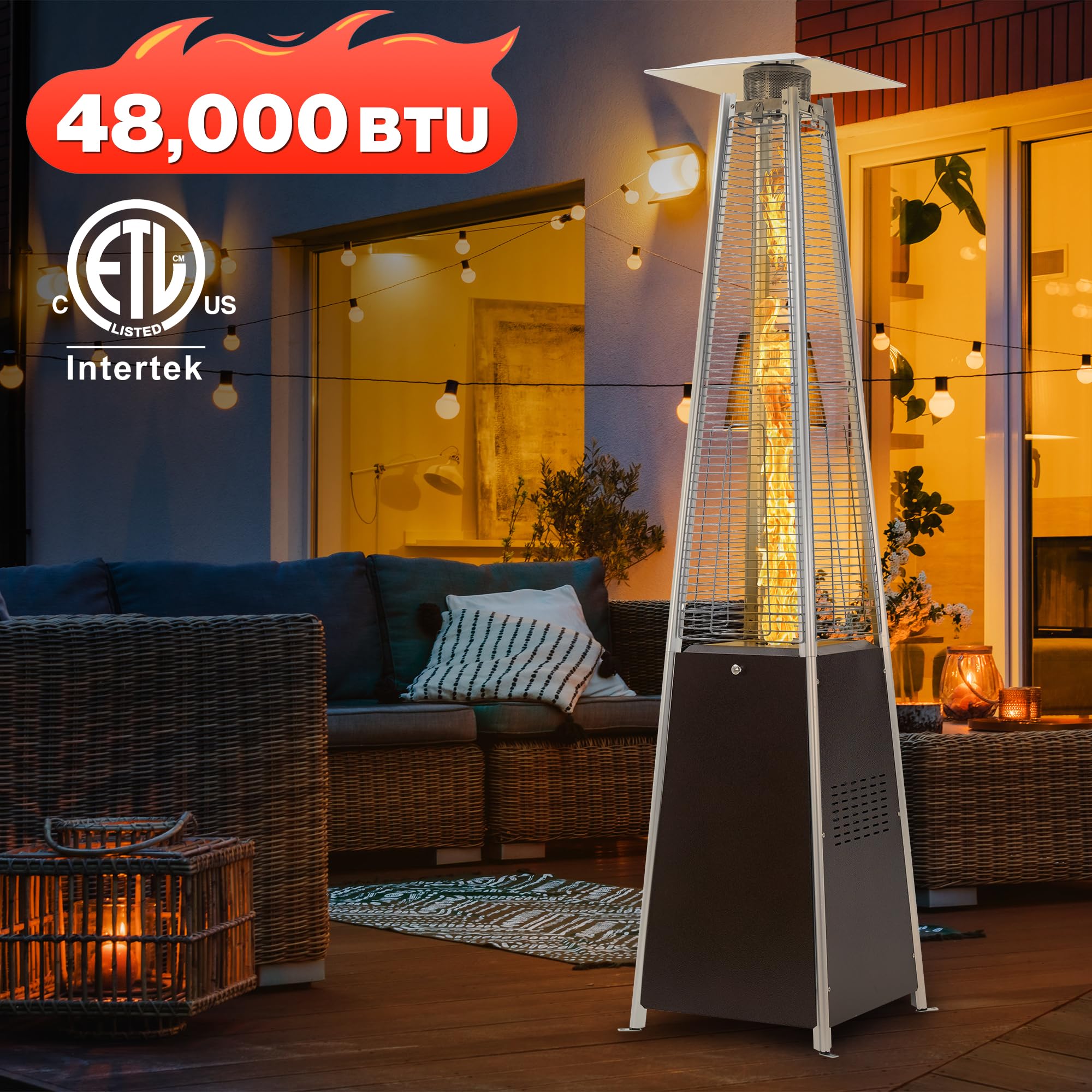 FOOWIN 48,000 BTU Outdoor Propane Patio Heater with Wheels - Bronze Pyramid Heater with Quartz Glass Tube, Waterproof Cover & Gloves - Perfect for Backyard, Garden, Party, and Outdoor Dining Areas