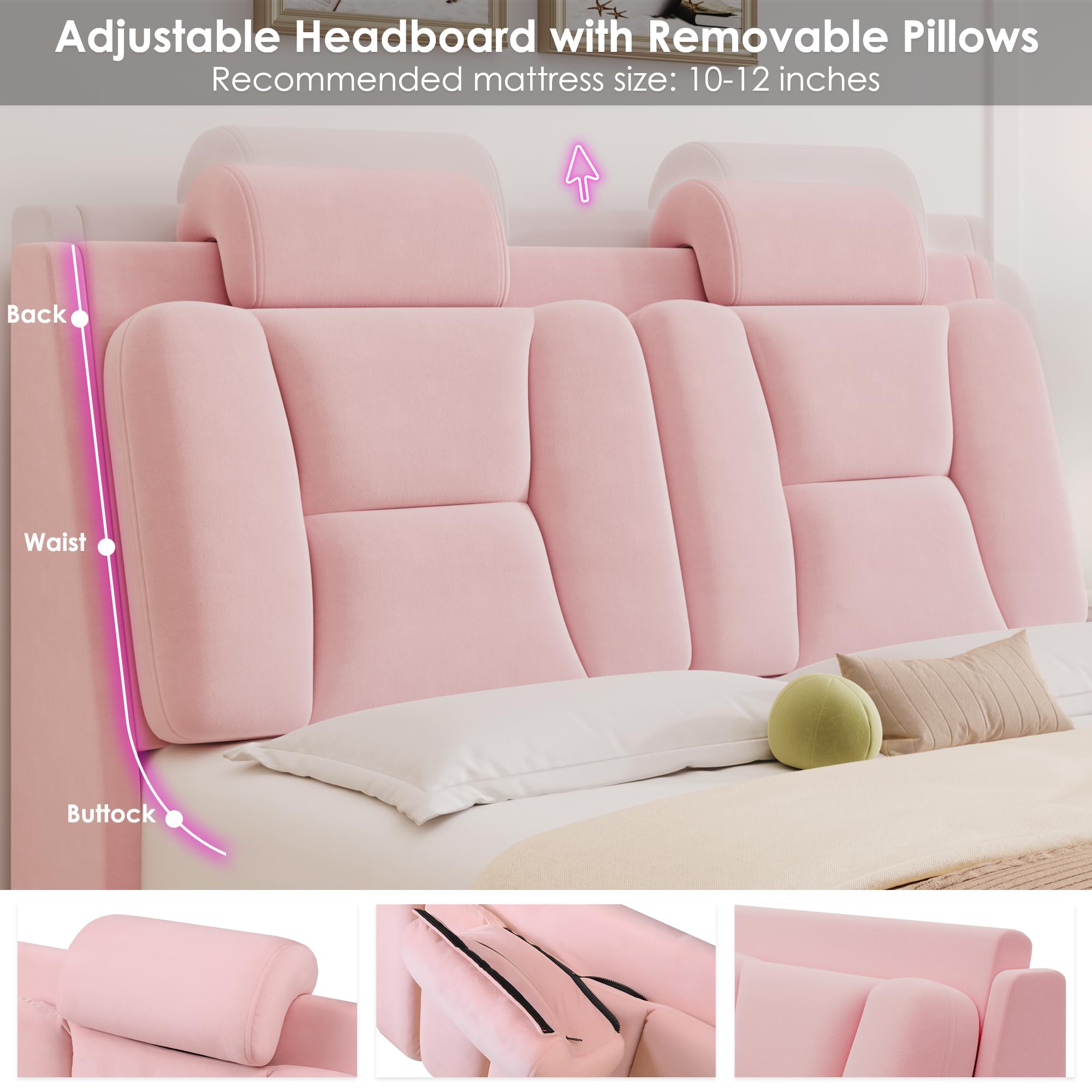 Modern Full Upholstered LED Car-Shaped Platform Bed Frame with Adjustable Curved Headboard & Wheels - Velvet Pink - Solid Wood Slat Support (No Box Spring Needed) - Perfect for Kids' Rooms, Teen Bedrooms & Themed Decor