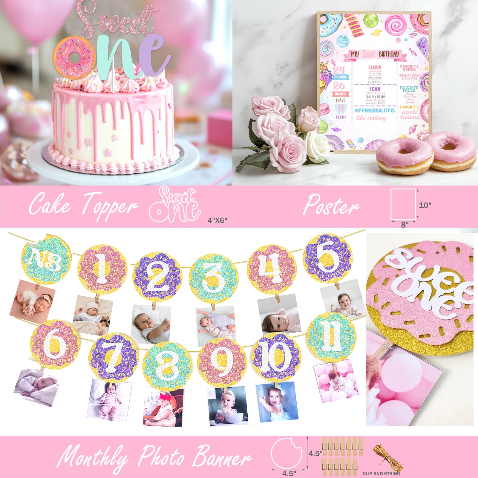 Sweet One Birthday Party Decorations Set - Donut Themed 1st Birthday Supplies for Girls with Backdrop, Balloons, Highchair Banner, Cake Topper, Crown & Posters | Pastel Pink Party Decor for Baby's First Birthday Celebration & Photo Shoots
