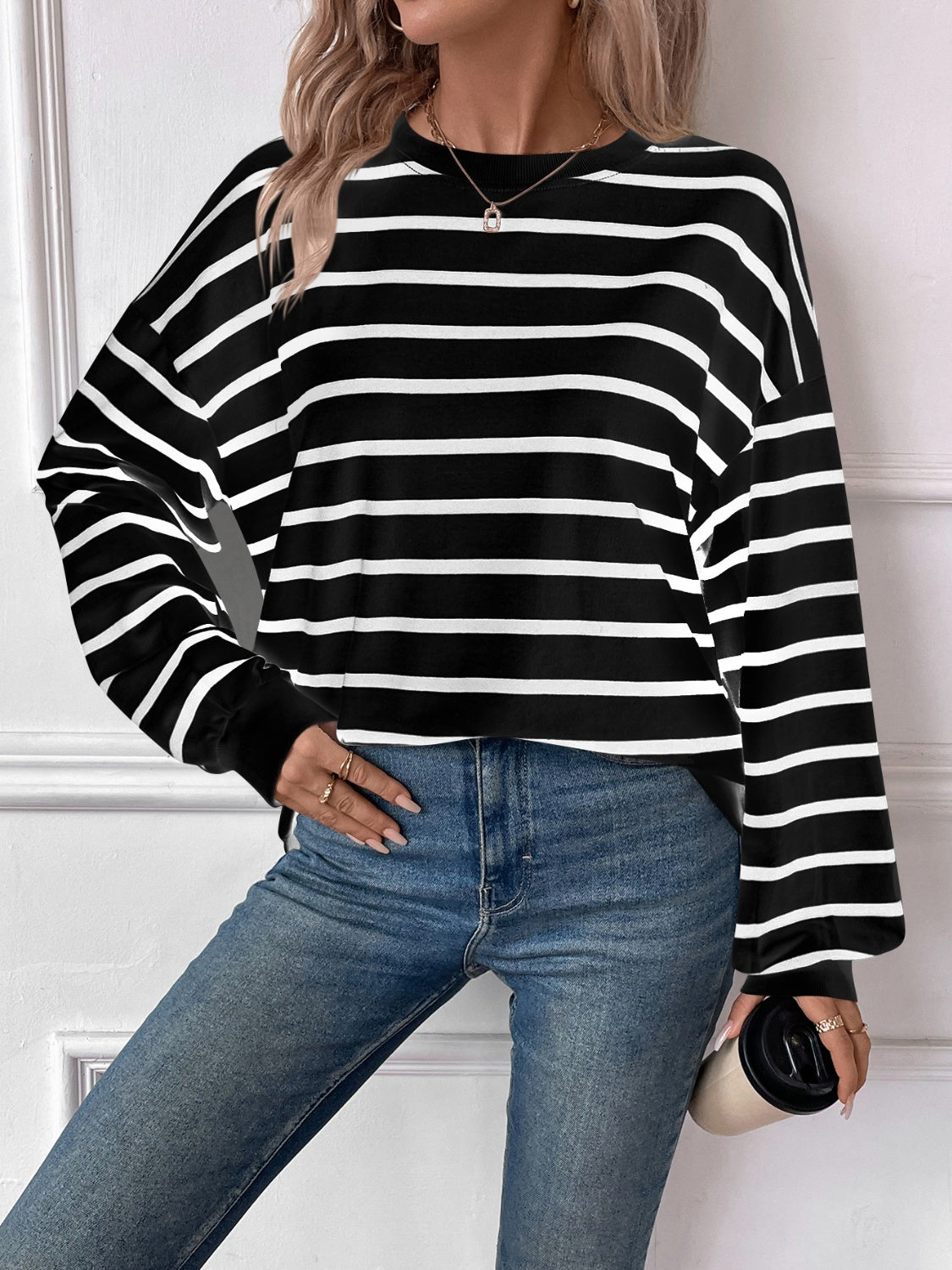 Lovelet Striped Round Neck Long Sleeve Sweatshirt for Women - Cozy Casual Pullover Top for Fall & Winter - Perfect for Lounge, Workout, and Everyday Wear