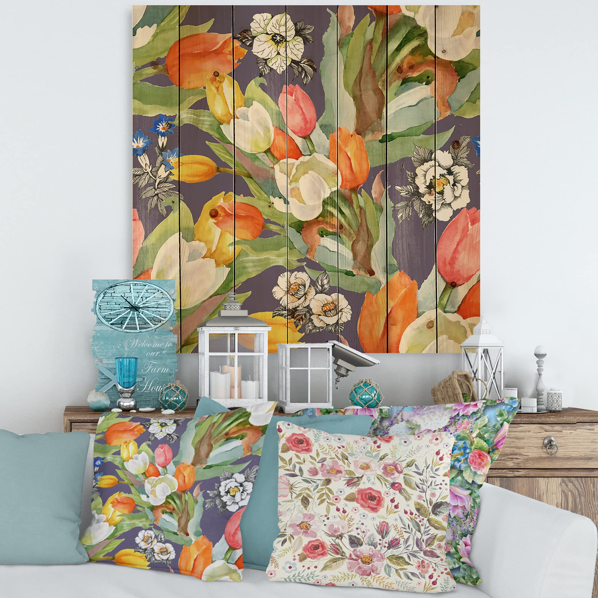 Blooming Tulips Wood Wall Decor - Floral Pine Art for Living Room