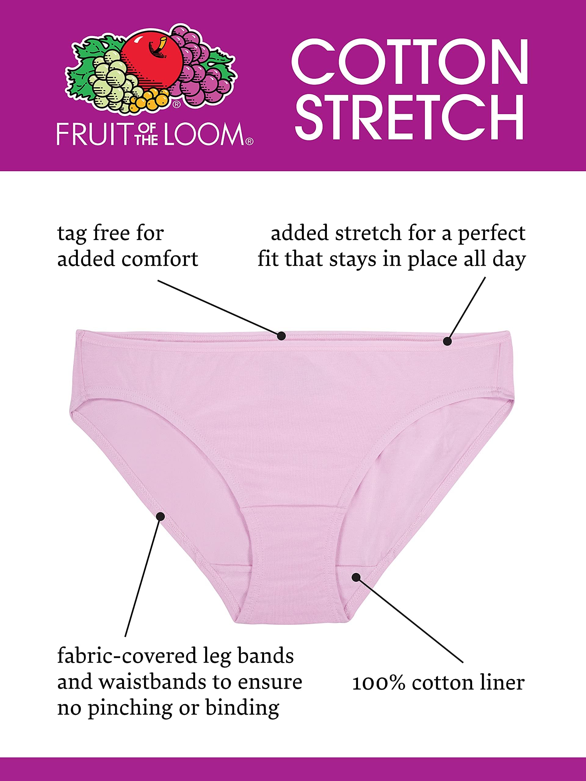 Fruit of the Loom Women's Cotton Stretch Underwear - Soft Breathable Panties for Everyday Comfort (Regular & Plus Size) | Perfect for Work, Sleep & Lounge Wear