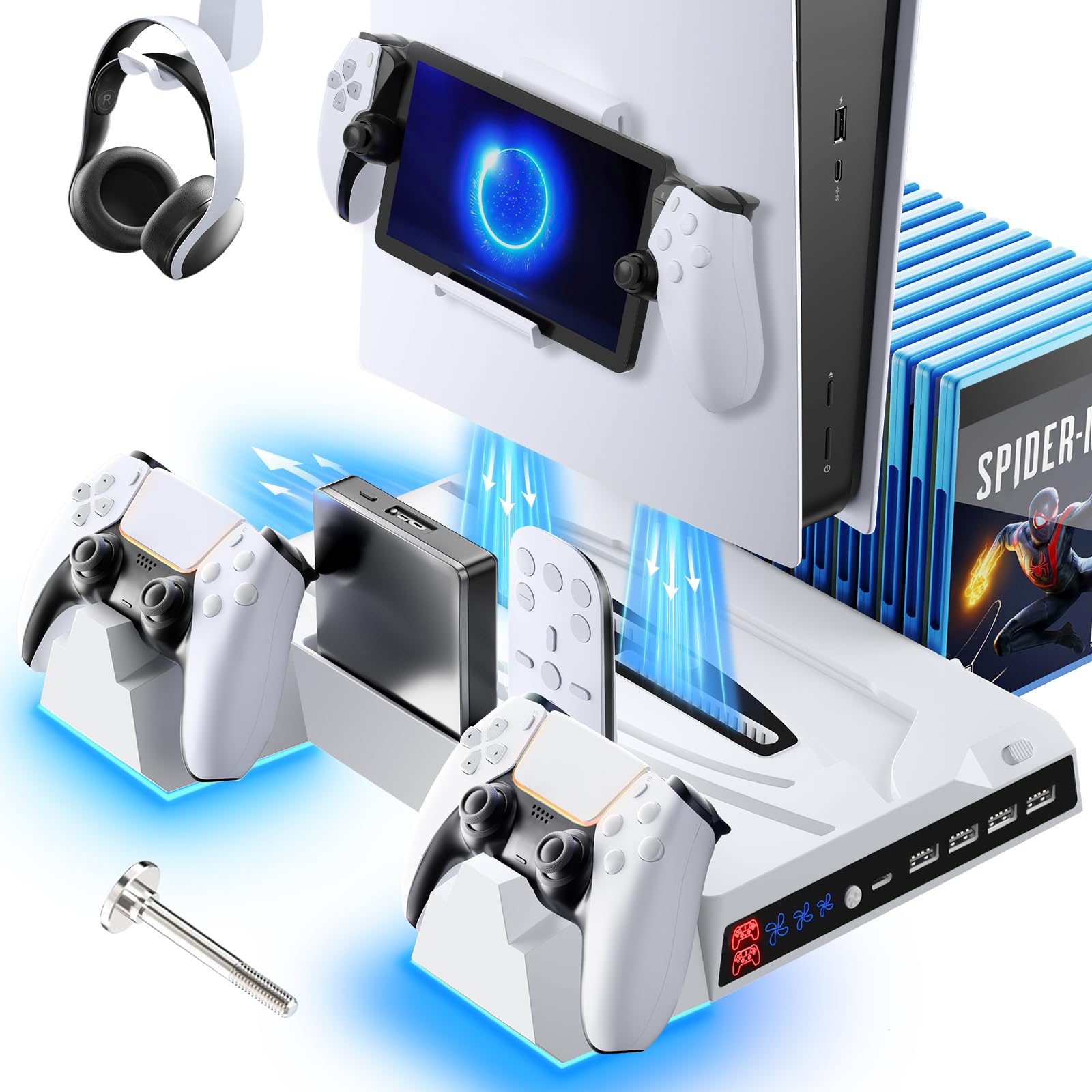 RGB Cooling Stand for PS5/PS5 Slim with LED Lights - PS5 Accessories Includes PS5 Controller Charger, Headset Holder & Vertical Stand - Fast 2-Hour Charging for PS5 Gaming Setup & Entertainment Center