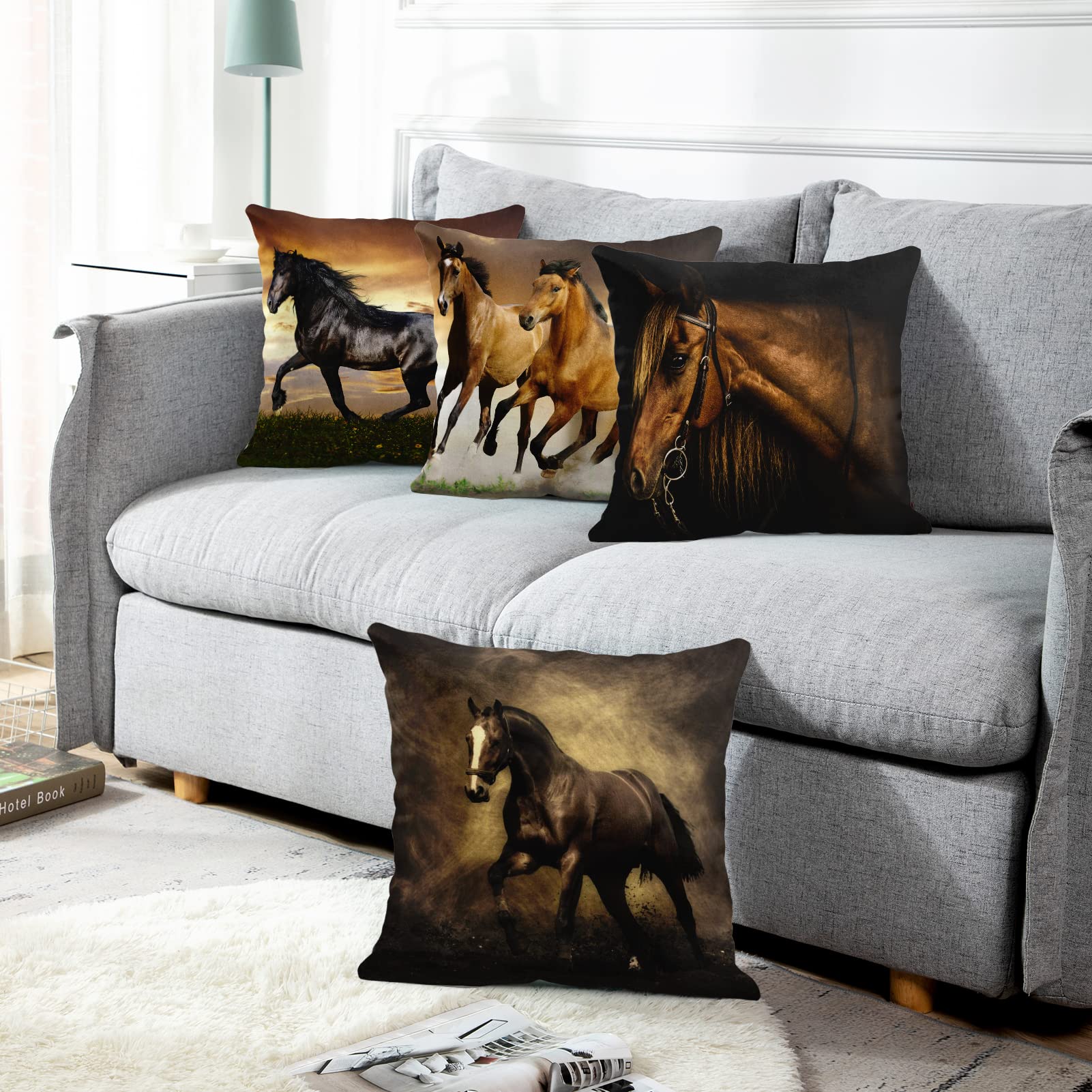 Emvency Set of 4 Horse Running Design Throw Pillow Covers - 18x18 Inch Square Decorative Pillow Cases for Sofa, Armchair & Bed - Cartoon Animal Print Home Decor for Living Room, Bedroom & Nursery
