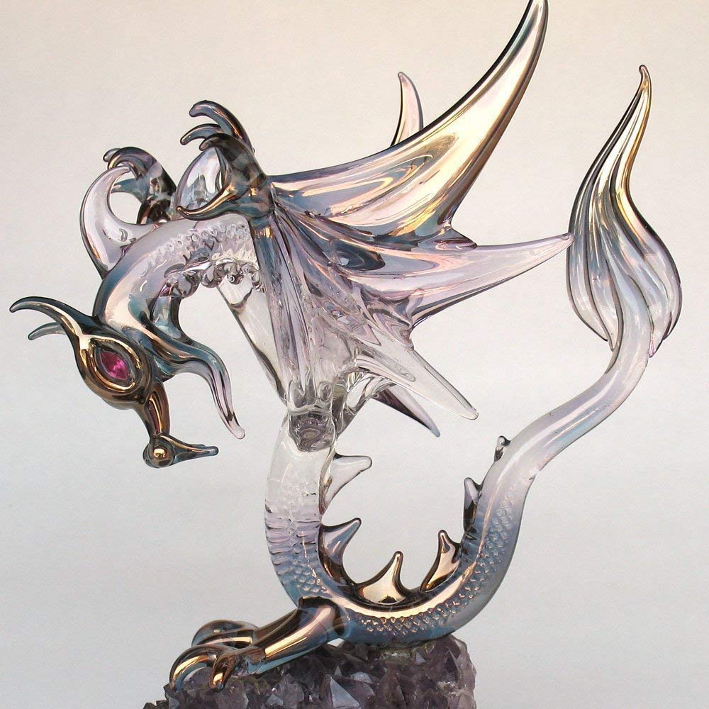 Hand Blown Glass Dragon Figurine with Wings - Flying Dragon Statue for Home Decor, Fantasy Collectibles & Gift Ideas | Perfect for Shelf Display, Office Desk & Medieval Theme Decorations