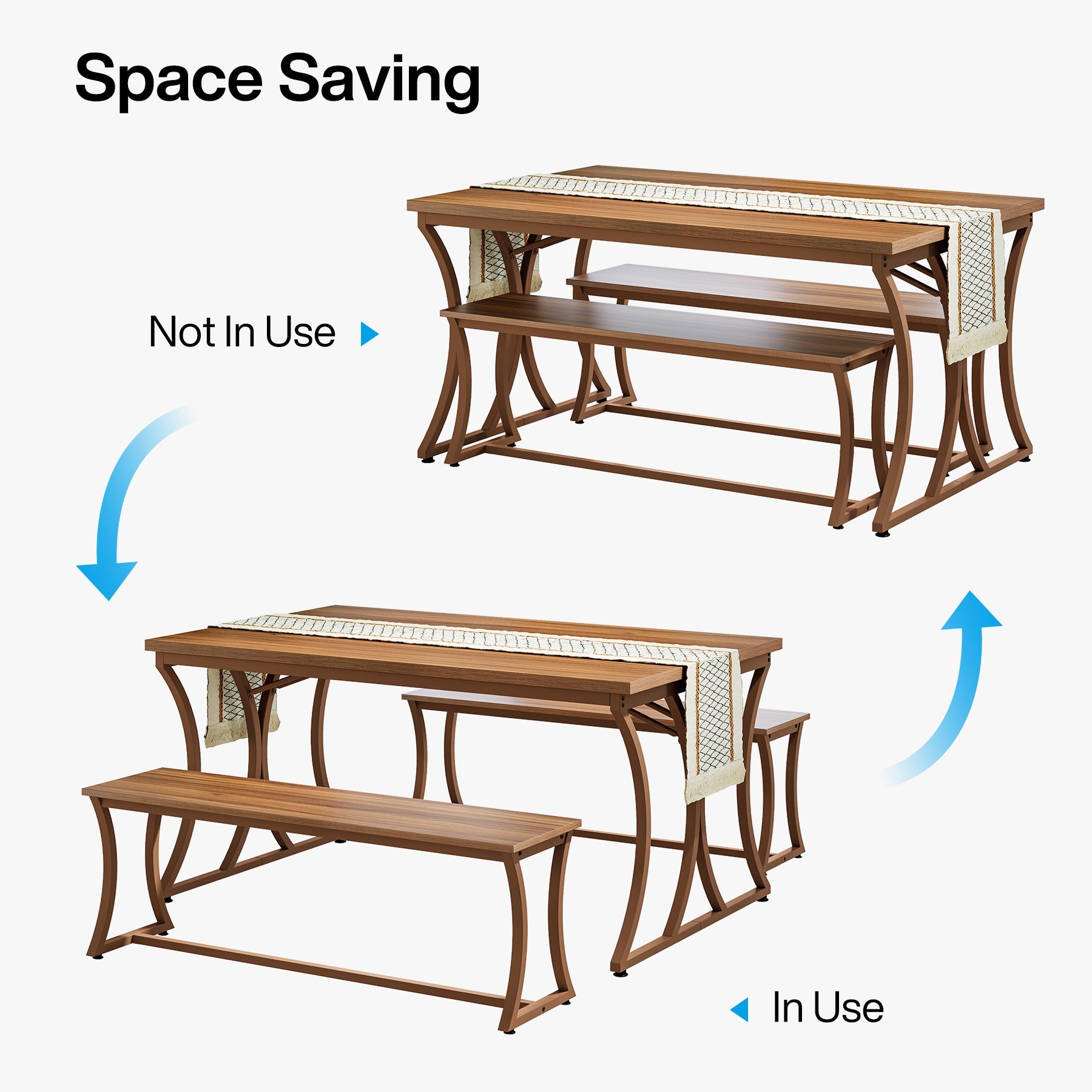 4-Piece 51-Inch Dining Table Set with 2 Benches & Table Runner - Modern Kitchen Furniture for Small Spaces, Perfect for Breakfast Nook, Apartment Dining or Outdoor Patio