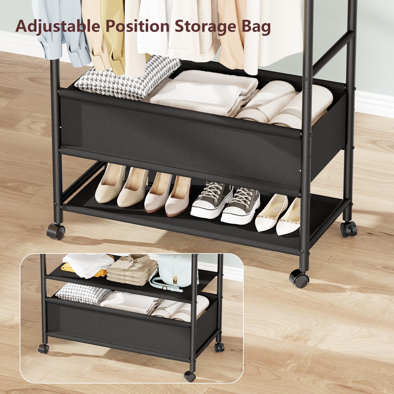 Furologee Double Rod Rolling Garment Rack with Wheels & Storage Box - Heavy Duty Clothes Hanging Organizer with 4 Hooks - Portable Wardrobe for Bedroom, Living Room, Closet (Black) | Perfect for Small Spaces, Dorm Rooms & Apartment Organization