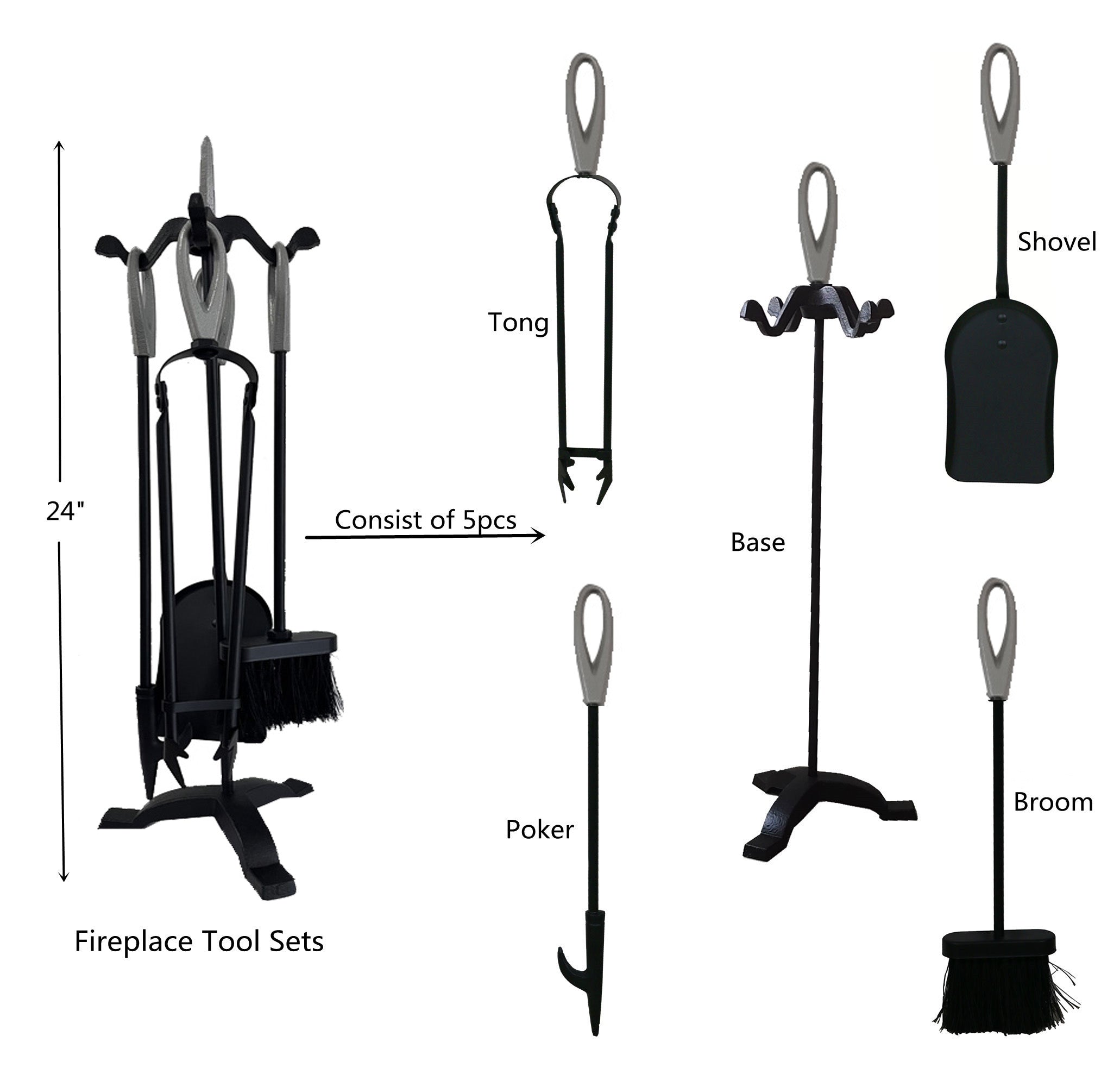 VODA Fireplace Tools Set VDTS203 - Heavy Duty Steel Fireplace Poker, Brush, Shovel & Stand - Perfect for Indoor & Outdoor Fire Pits, Wood Stoves & Fireplaces