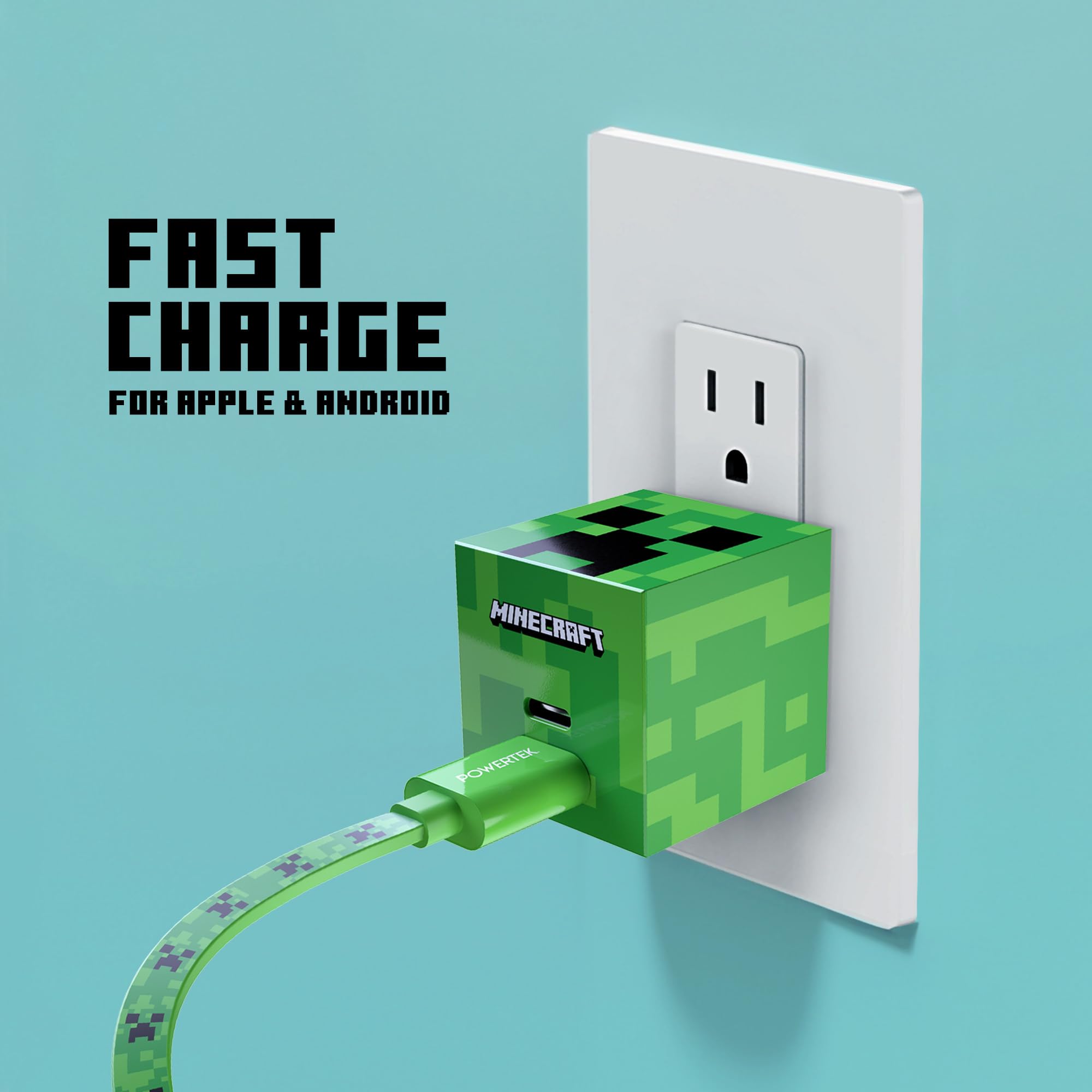 LIQUIPEL Powertek Minecraft USB-C to C Charging Cable & Wall Charger Set - Creeper Design for Gaming, Travel & Home Use