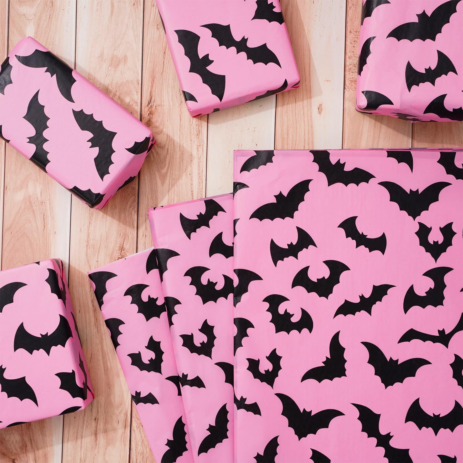 100Pcs Pink Bat Tissue Paper - Bulk Halloween Wrapping Paper with Black Bat Design, 14 x 20 Inch - DIY Gift Wrap & Craft Supplies for Party Decorations, Scrapbooking, and Spooky Halloween Projects