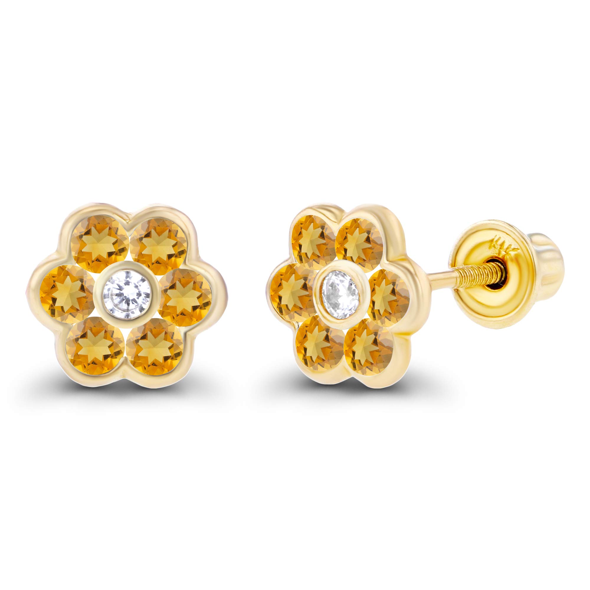 14K Solid Gold 6mm Natural Birthstone Screwback Stud Earrings for Women | 1.75mm Birthstone & 1.25mm White Sapphire Halo | Elegant Gift for Birthday, Anniversary & Special Occasions