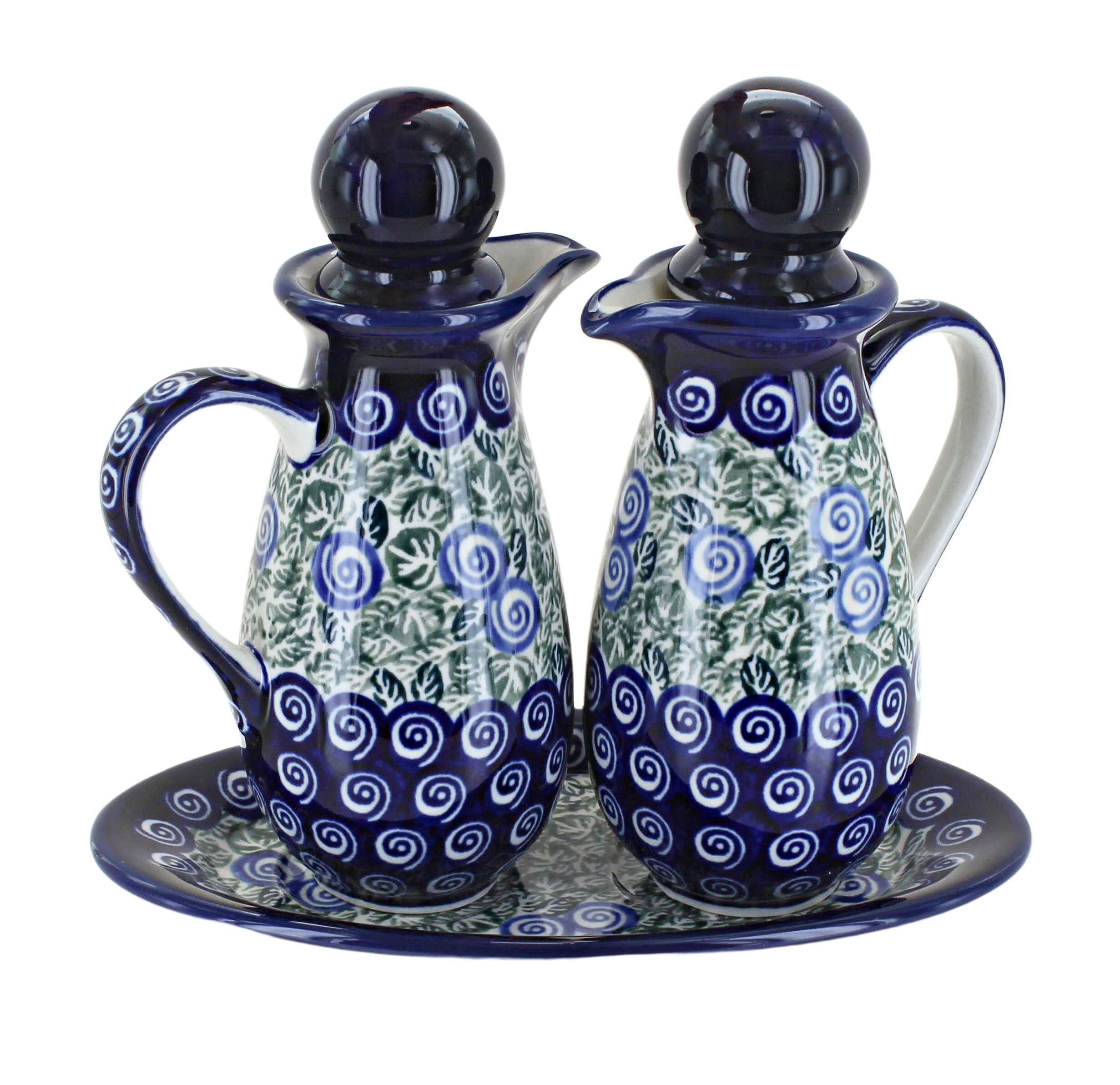 Handmade Blue Rose Polish Pottery Oil and Vinegar Cruet Set - Coastal Seaside Swirl Design - Perfect for Kitchen, Dining Table, and Gift Giving