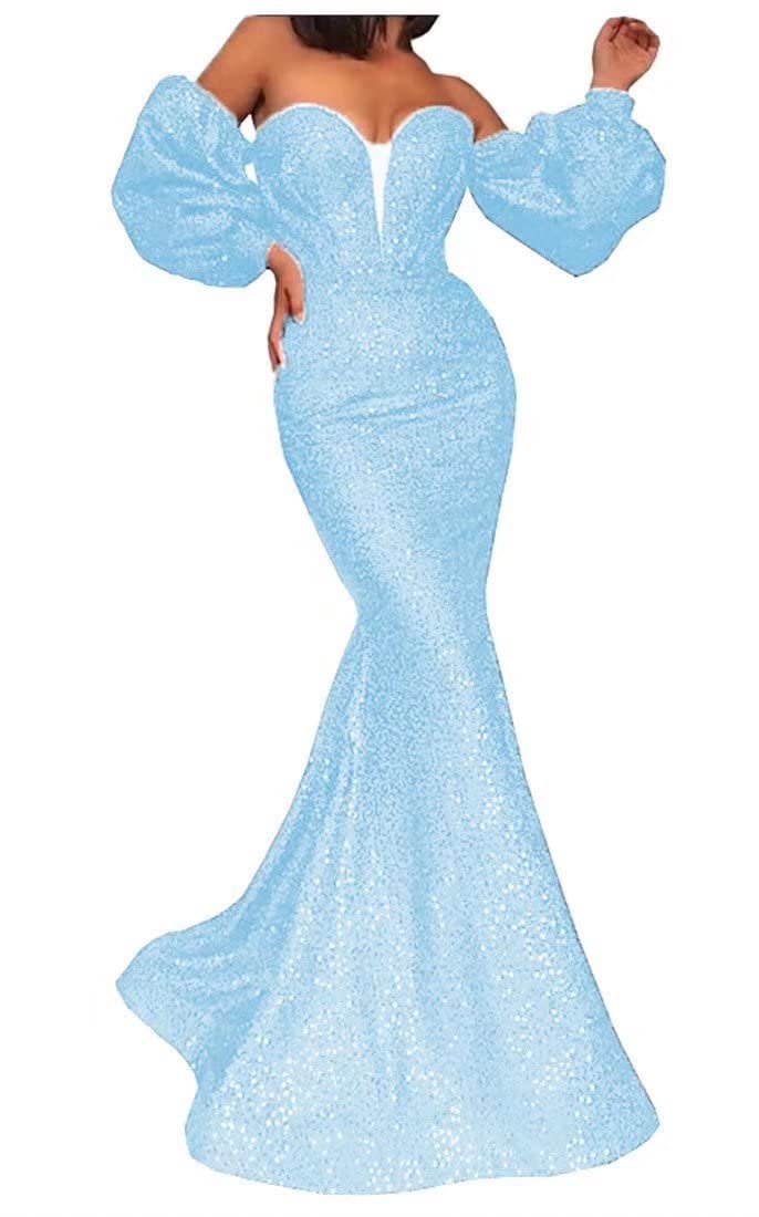 Elegant Off Shoulder Sequin Prom Dress with Puffy Sleeves - Women's Sparkly Mermaid Evening Gown for Formal Events, Parties & Special Occasions