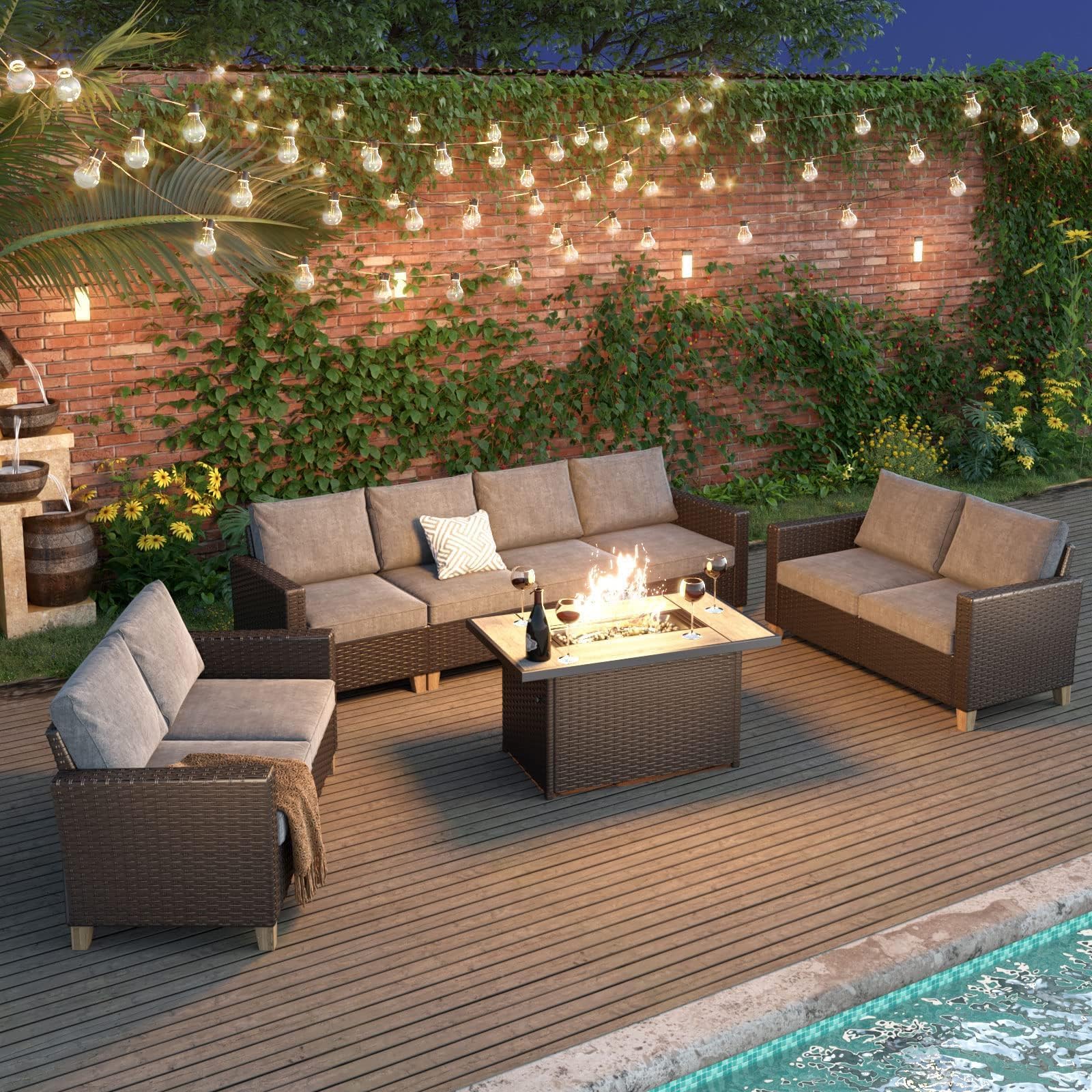 6-Piece Grand Patio Sofa Set with Fire Pit Table - PE Wicker Outdoor Sectional Sofa with Thick Cushions for Garden, Yard, Porch - Perfect for Backyard Gatherings & Fireplace Conversations