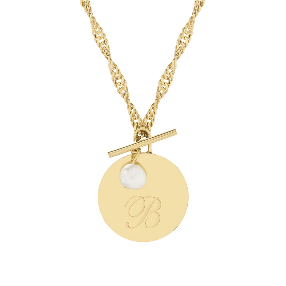 Brook & York Engravable Gold Initial Pearl Charm Toggle Necklace - Personalized Jewelry Gift for Women - Birthday, Anniversary, Valentine's Day Present - Perfect for Date Nights, Weddings & Special Occasions