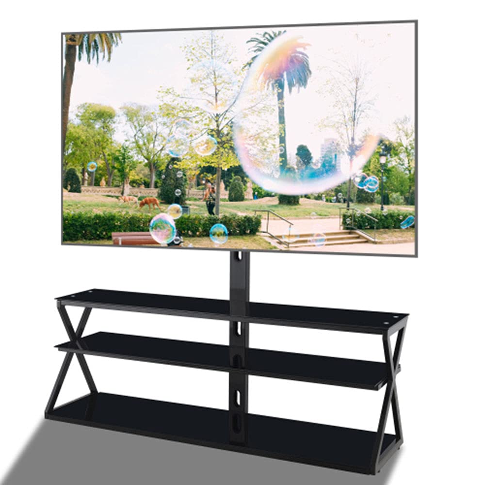 KAUTO Black Tempered Glass Universal Media Storage TV Stand - Swivel & Height Adjustable Floor TV Stand with Mount - Perfect for Living Room, Bedroom, or Home Theater Setup