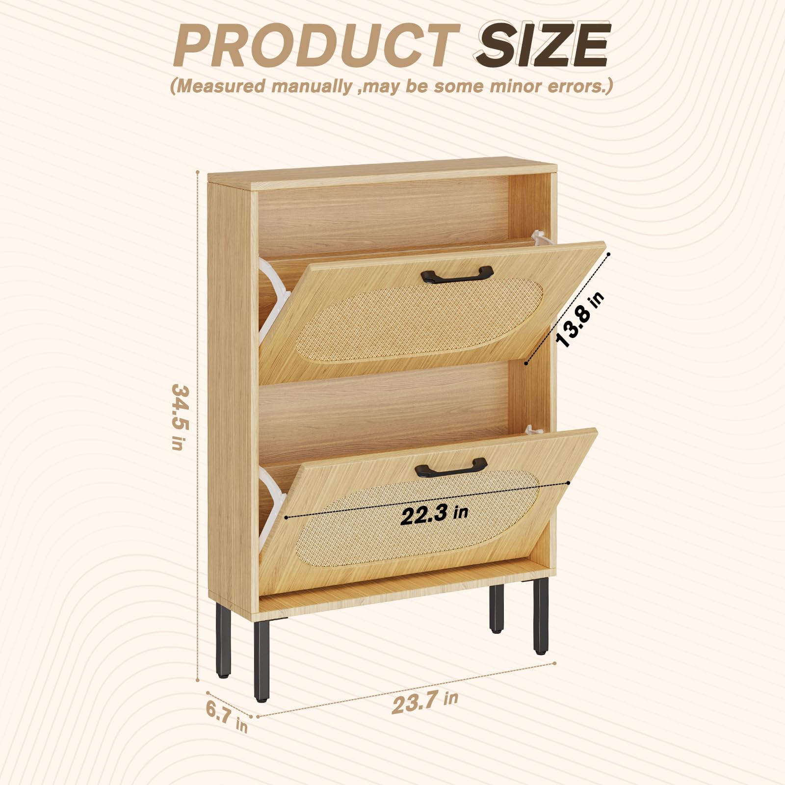 SUNCROWN 2-Tier Flip-Drawer Shoe Storage Cabinet - Freestanding Narrow Shoe Rack Organizer with Natural Rattan Doors for Entryway, Hallway, or Closet - Brown Wooden Shoe Shelf for Home Organization & Space Saving