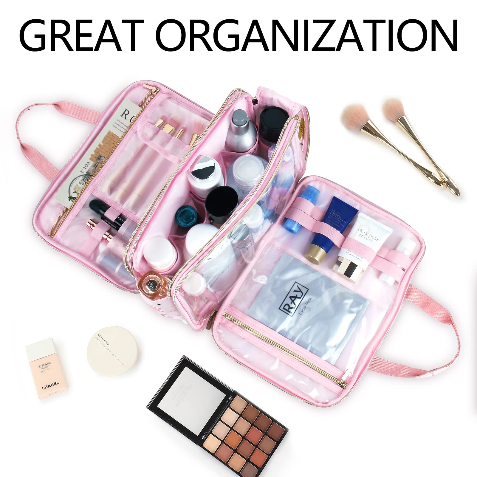 Large Waterproof Toiletry Bag for Travel - 8L Cosmetic Organizer with Brush Holder, Floral Makeup Case for Full-Sized Toiletries | Perfect for Vacation, Gym & Weekend Getaways