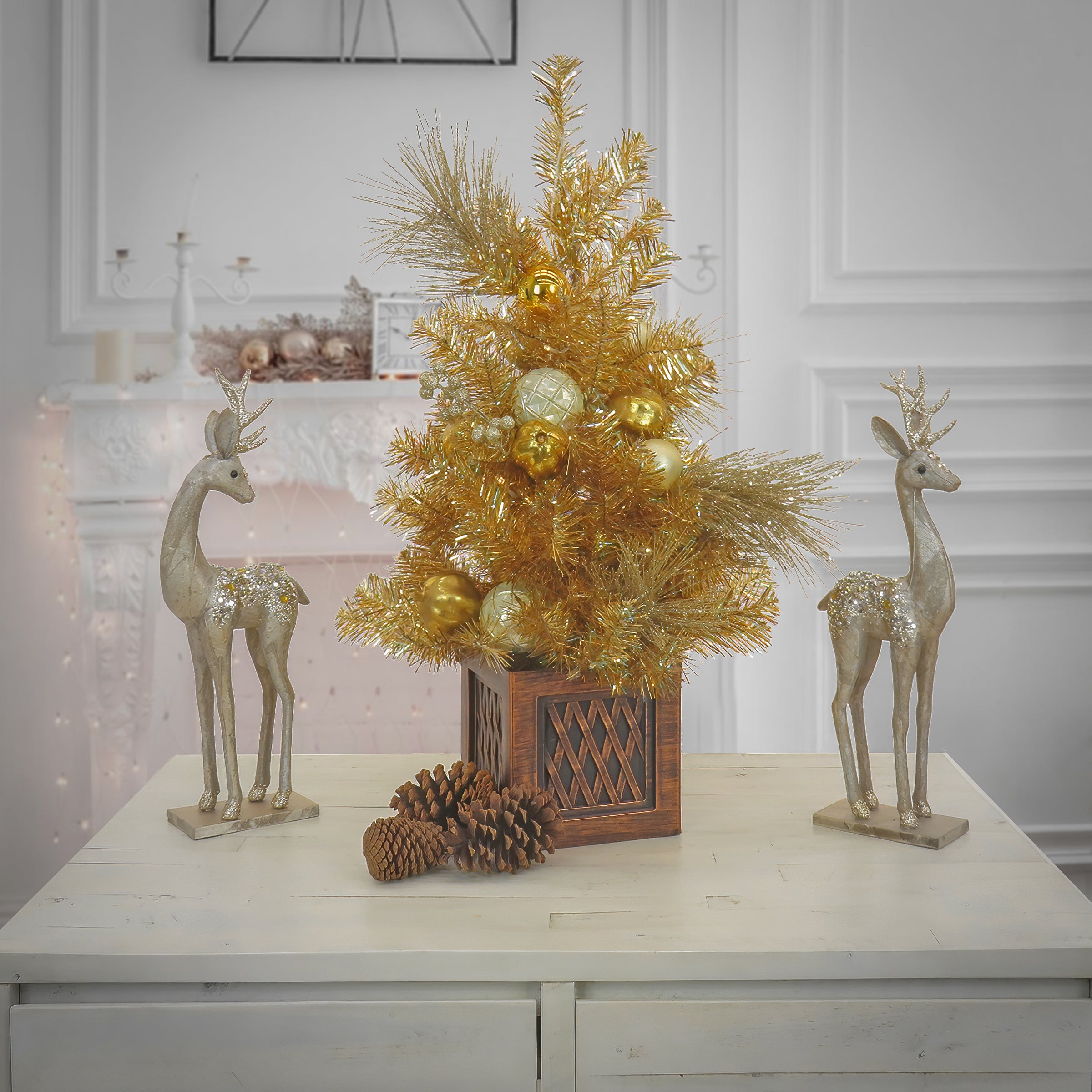 36 Inch Christmas Tree with Warm White LED Lights - 'Be Merry' Gold Decorated Tree for Holiday Home Decor & Festive Celebrations