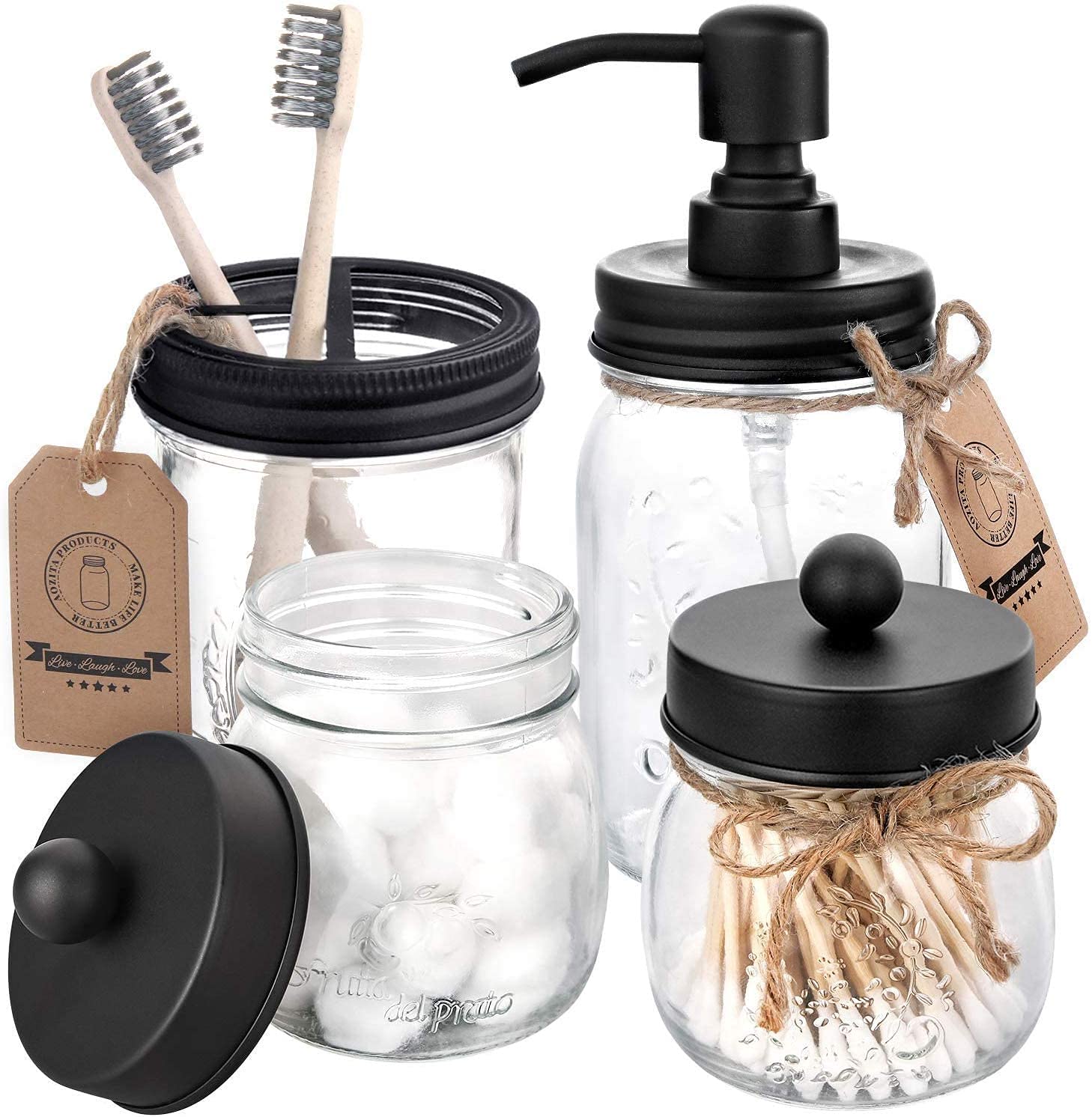 Rustic Farmhouse Mason Jar Bathroom Accessories Set - 4 Piece Soap Dispenser, Apothecary Jars & Toothbrush Holder - Black Countertop Vanity Organizer for Bathroom Decor | Perfect for Farmhouse, Vintage & Shabby Chic Style Bathrooms