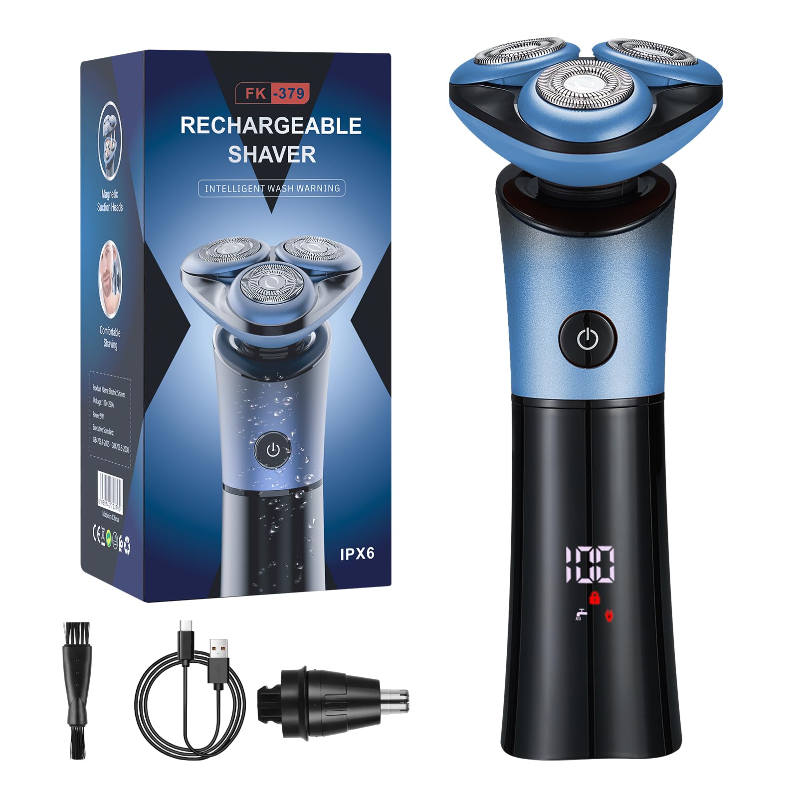 Men's Electric Razor - SOPPY Cordless Rechargeable Wet/Dry Shaver with 360° Magnetic Head, IPX7 Waterproof for Smooth Shaving | Perfect Gift for Husband, Dad (Birthday, Christmas) | Ideal for Travel, Gym & Daily Use - Blue
