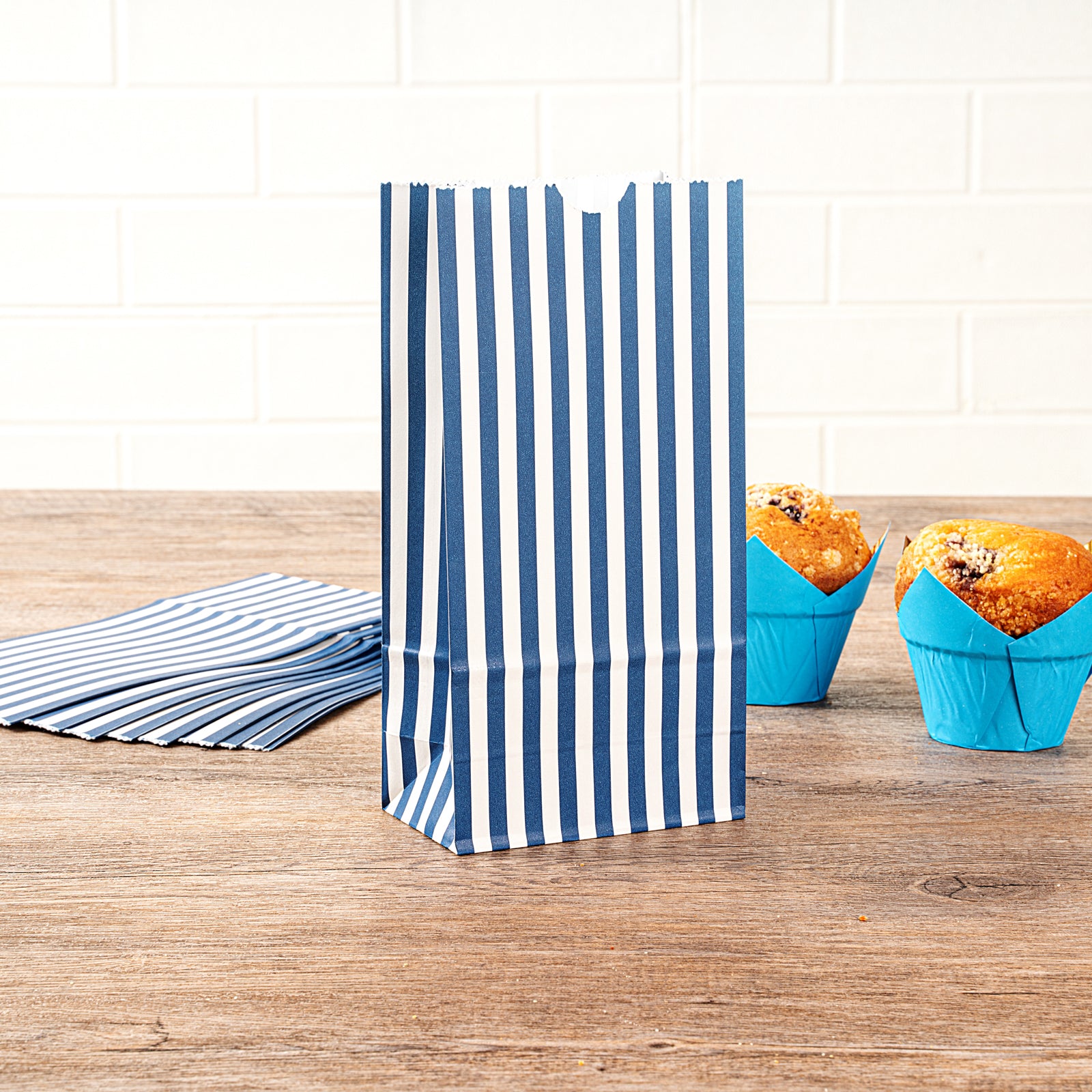Premium Blue and White Striped Paper Bags - 2 lb Capacity, 4.25