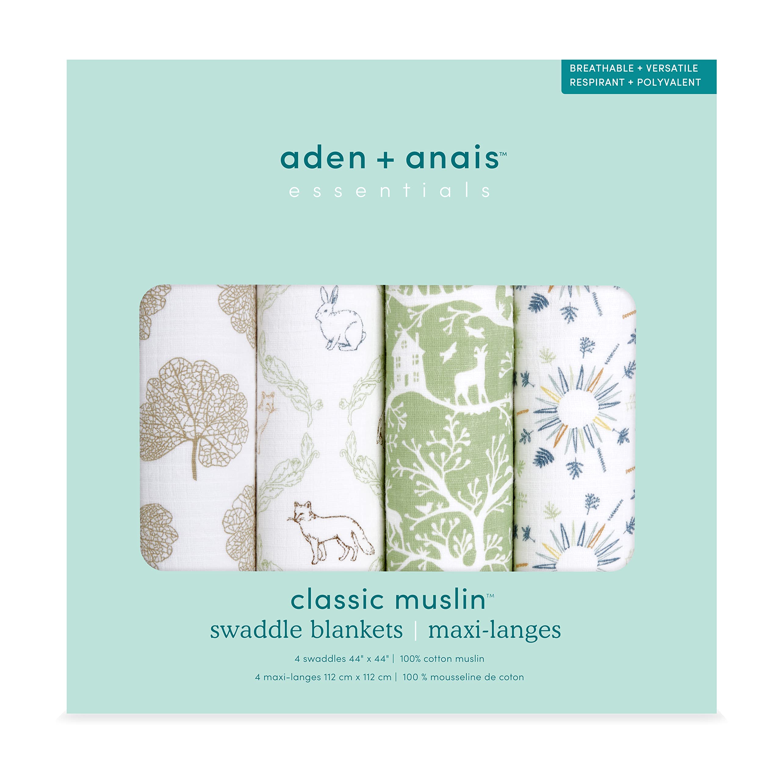 **Aden + Anais 100% Cotton Muslin Swaddle Blankets for Newborns - 4 Pack, Soft Baby Receiving Blankets for Girls & Boys, Breathable Swaddle Wrap for Nursery, Travel & Gifting - Harmony Collection**