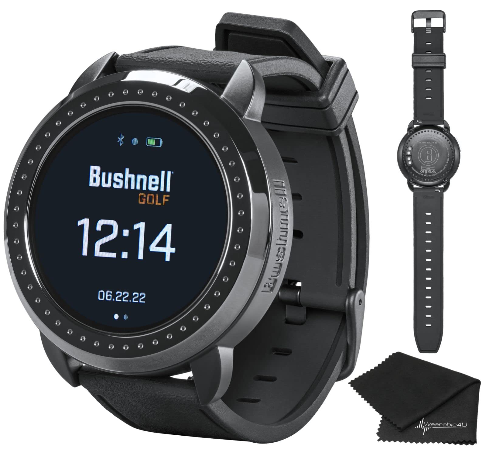 Bushnell iON Elite Black Golf GPS Watch with Wearable4U Lens Cleaning Cloth Bundle - Accurate Rangefinder & Touchscreen Display for Golfers - Perfect for Course Play, Practice & Tournament Use
