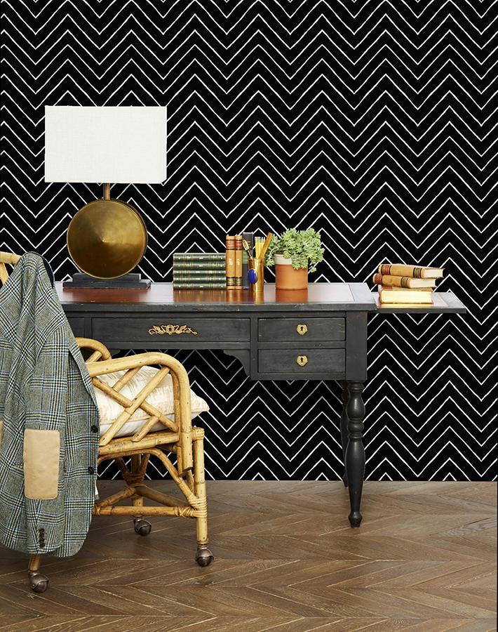 Frances Chevron Wallpaper by Wallshoppe - Modern Onyx Geometric Peel & Stick Wallpaper for Bedroom, Living Room, Kitchen Decor