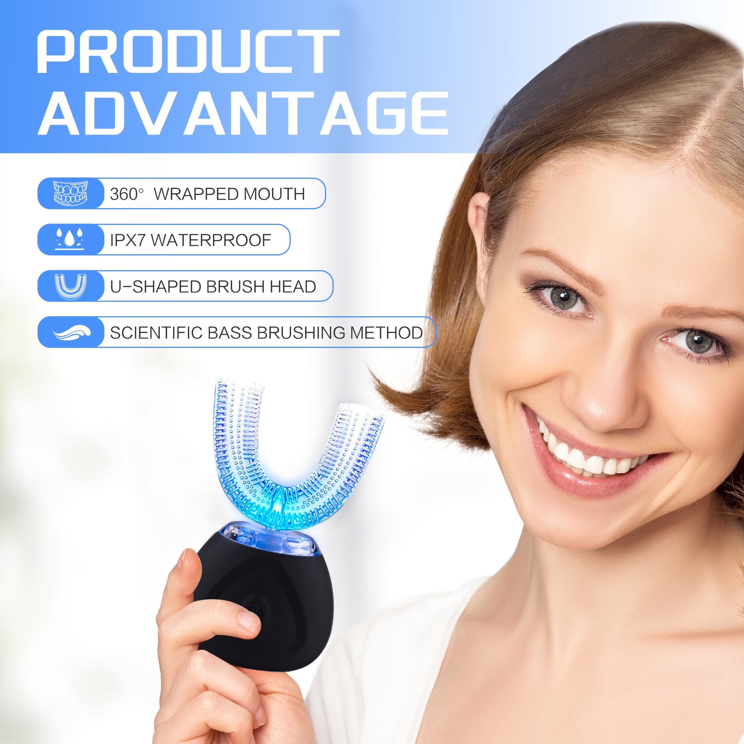 Ultrasonic Electric Toothbrush for Adults - U-Shaped Automatic Teeth Whitening Toothbrush with 360° Whole Mouth Cleaning, IPX7 Waterproof (Black) - Perfect for Travel & Daily Oral Care
