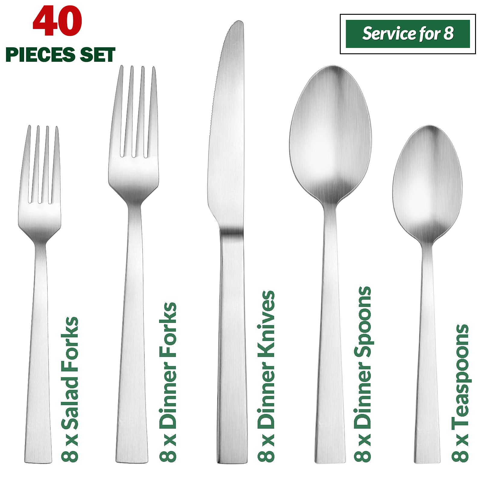 40-Piece Matte Silverware Set - Stainless Steel Flatware Service for 8 - Durable Metal Cutlery Set with Forks, Spoons & Knives - Square Edge Design - Perfect for Dinner Parties, Restaurants & Everyday Dining