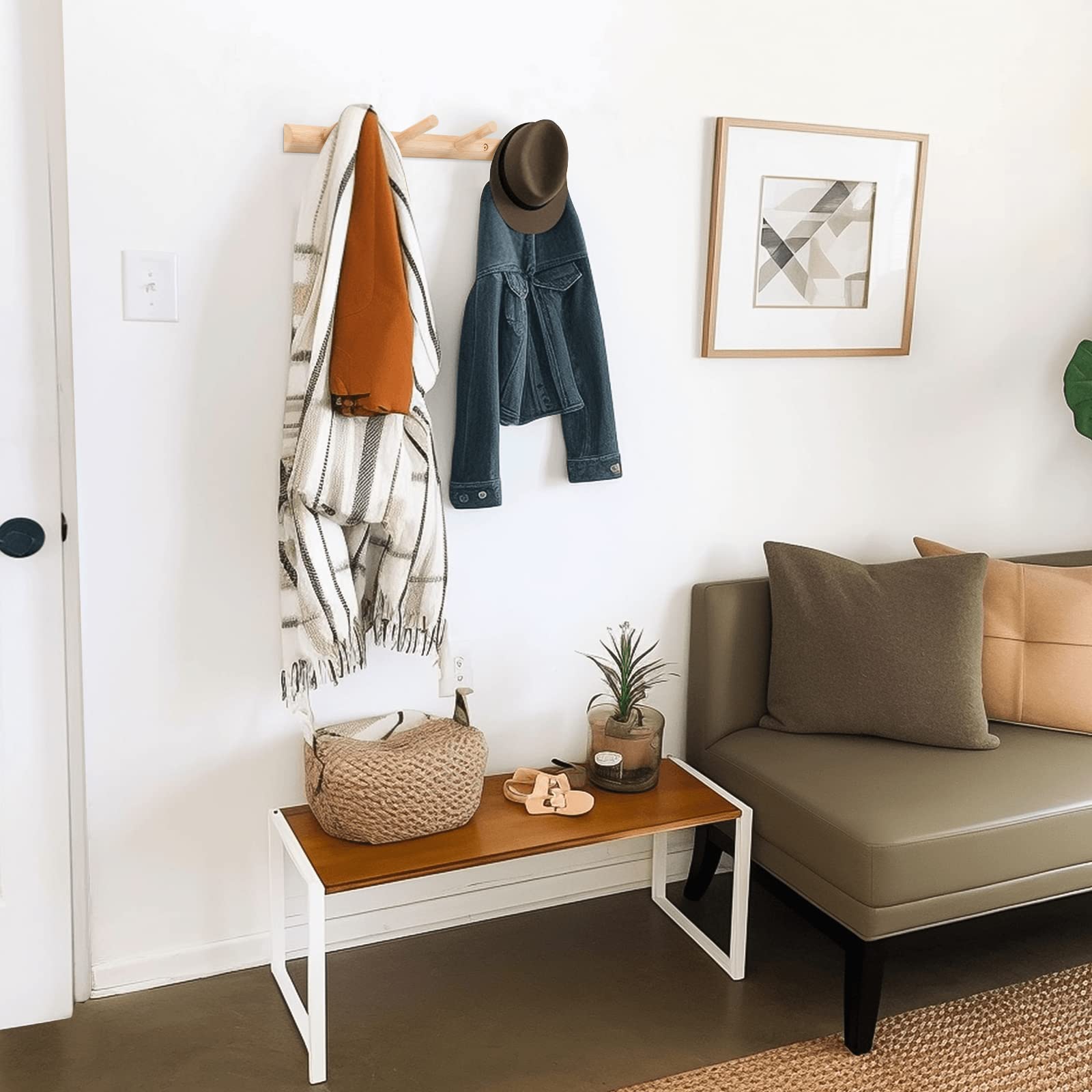 Modern Bamboo Coat Hooks - Wall Mounted Entryway Organizer with 4 Hanging Pegs for Jackets, Hats & Towels - Natural Wooden Hanger for Bathroom, Kitchen & Hallway Decor