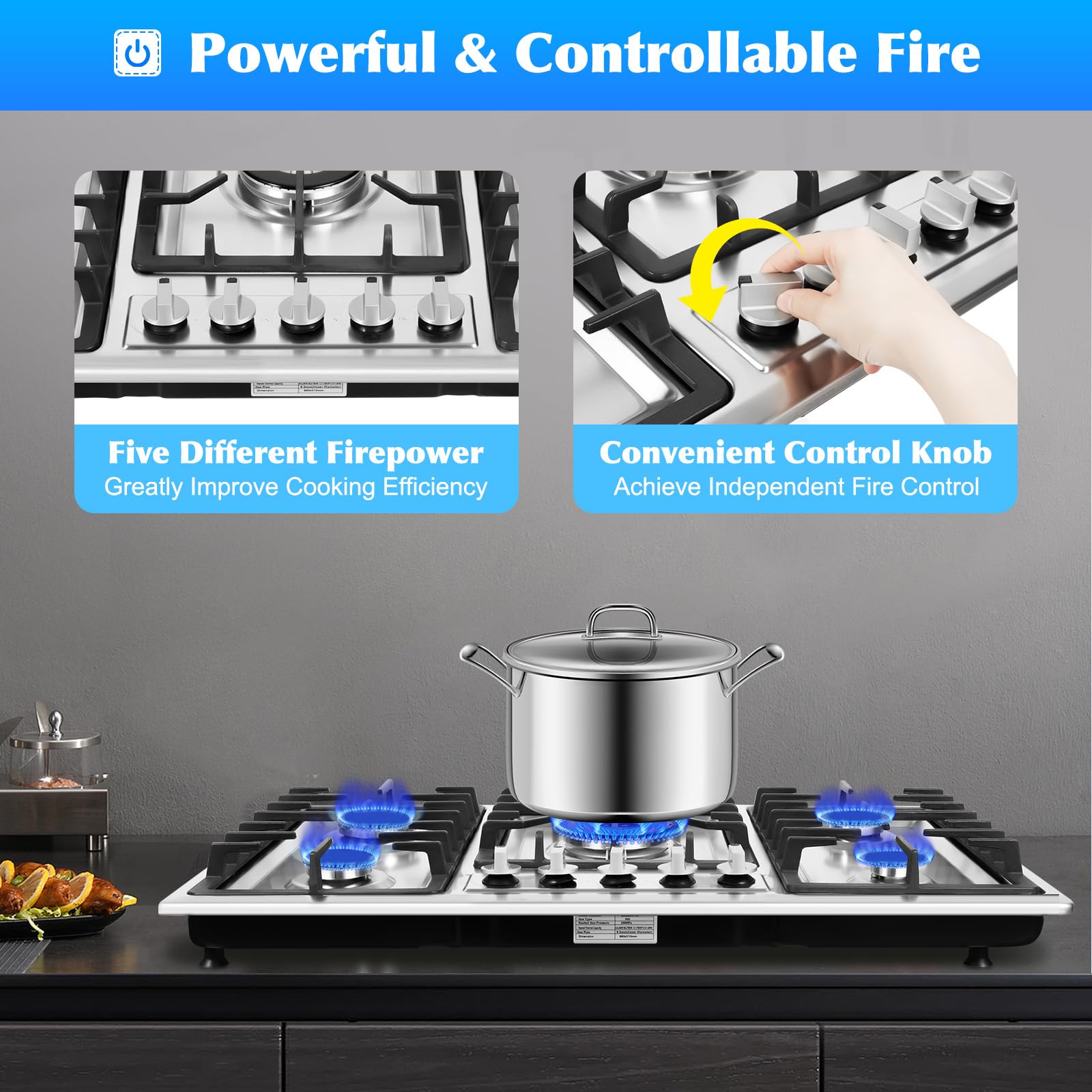 33.8 Inch 5-Burner Built-In Natural Gas Cooktop - Stainless Steel Surface & Cast Iron Grates with Electric Ignition & Flame Failure System (860x500mm) - Perfect for Modern Kitchens, Home Cooking & Professional Chefs