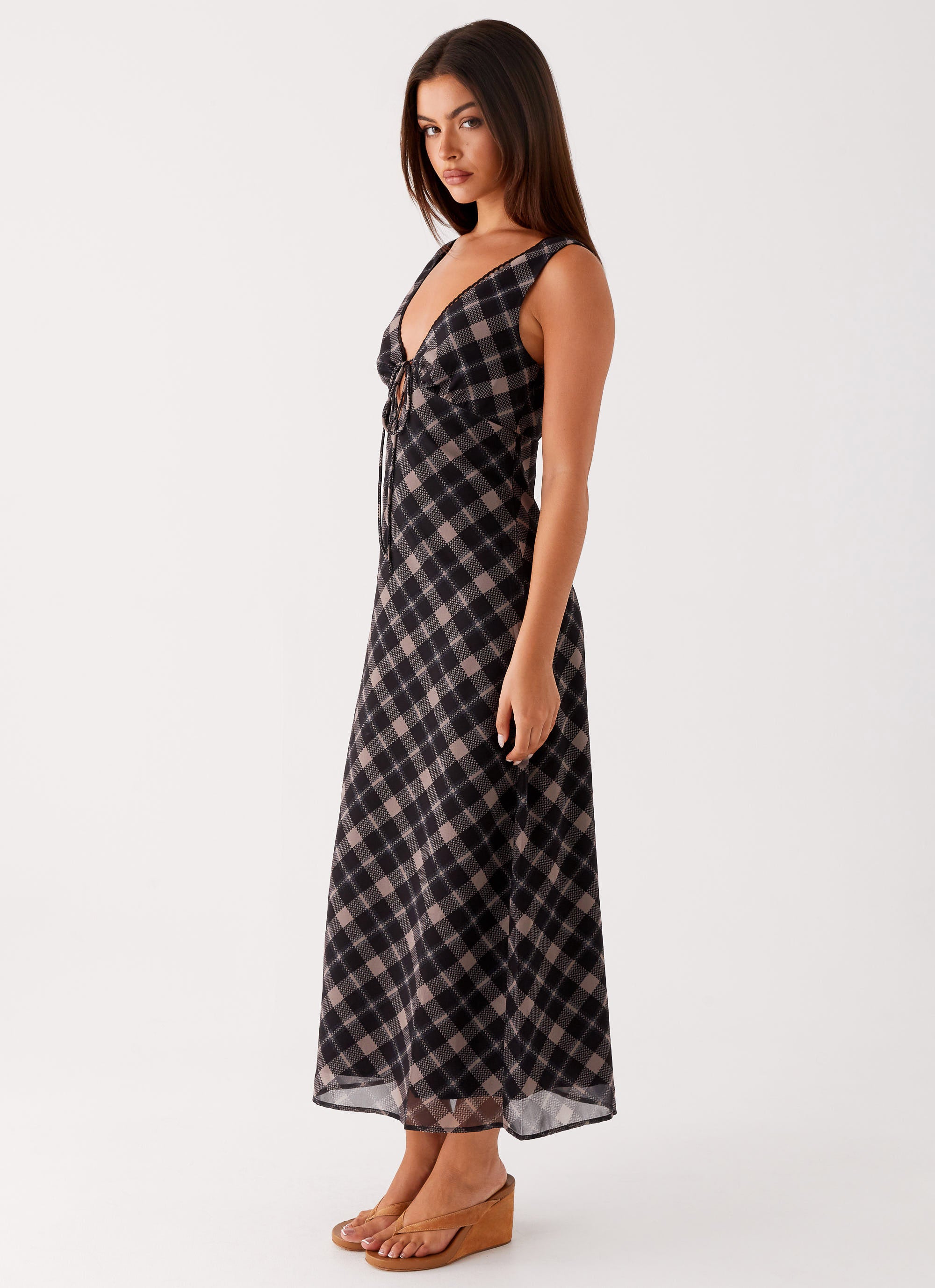 Gianna Midi Dress Women's Casual Check Print A-Line Flowy Dress in Taupe - Perfect for Office, Date Night & Summer Outings