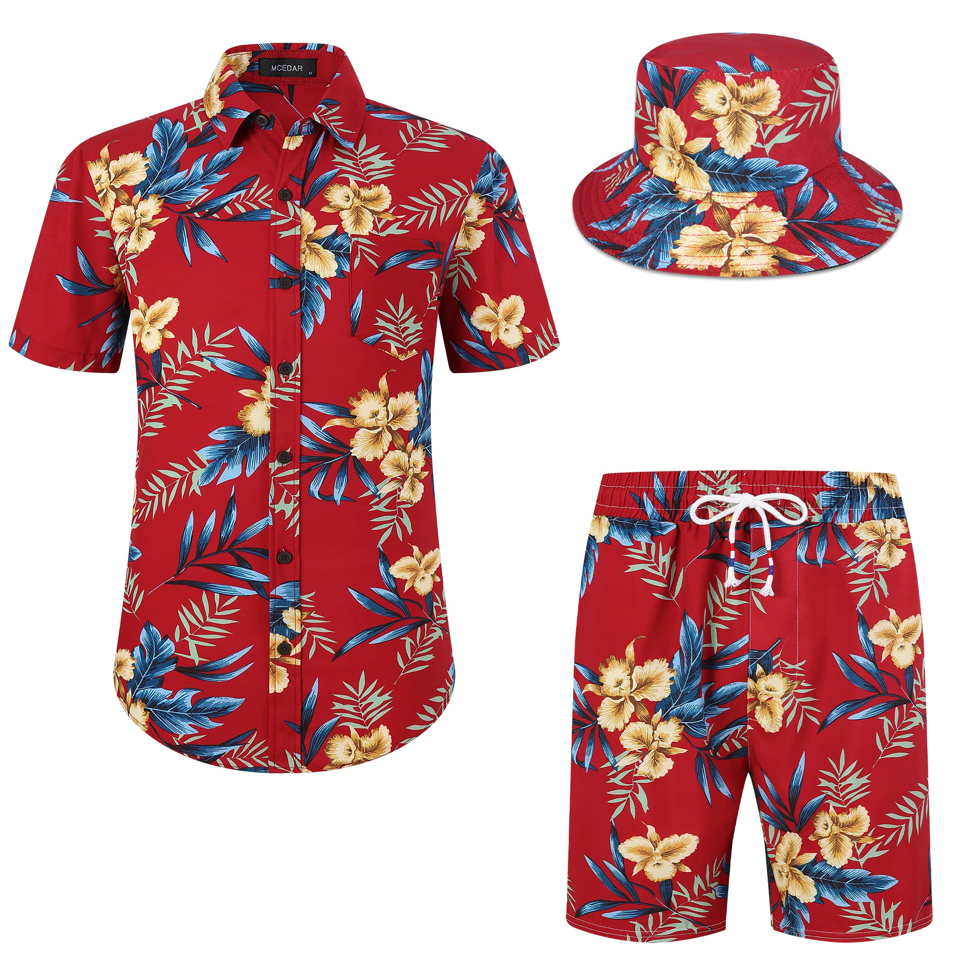 MCEDAR Men's Hawaiian Shirt and Shorts 2-Piece Set | Casual Button Down Beach Outfit with Floral Print & Bucket Hat | Perfect for Vacation, Summer Parties, and Tropical Getaways