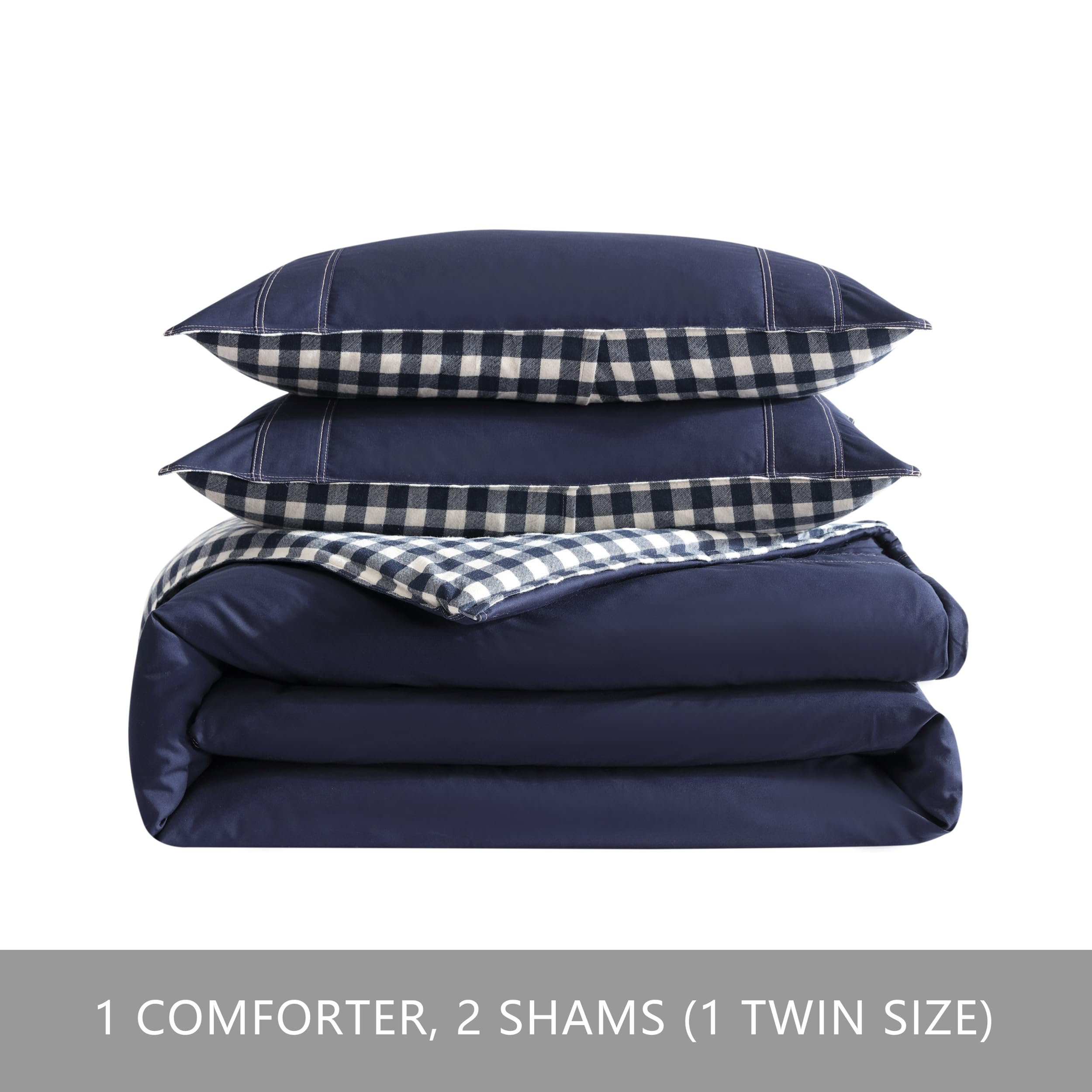 Eddie Bauer Reversible Queen Comforter Set - 100% Cotton Bedding with Matching Shams, Pre-Washed for Ultra Softness (Kingston Navy) | Cozy Home Decor for Bedroom & Guest Room