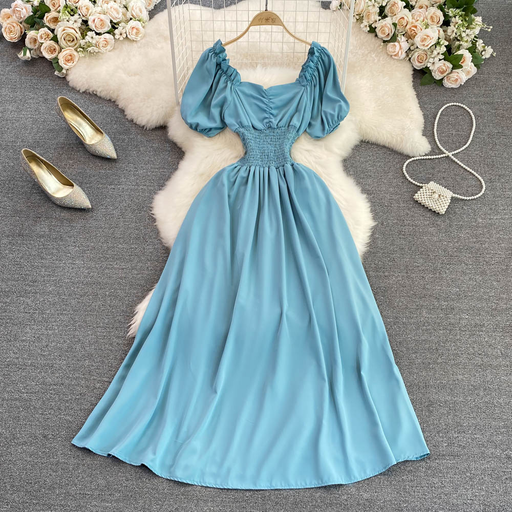 2023 Korean Style V-Neck Bubble Short Sleeve A-Line Dress - Elegant Flowy Midi Skirt for Women | Summer Casual, Beach Vacation & Date Night Outfits