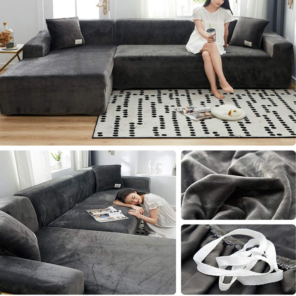 Velvet Plush Sofa Cover for 3 Cushion Couch - Stretch Recliner Chair Cover Protector (Gray, 235-300cm) - Soft Furniture Protector for Living Room, Bedroom & Home Decor