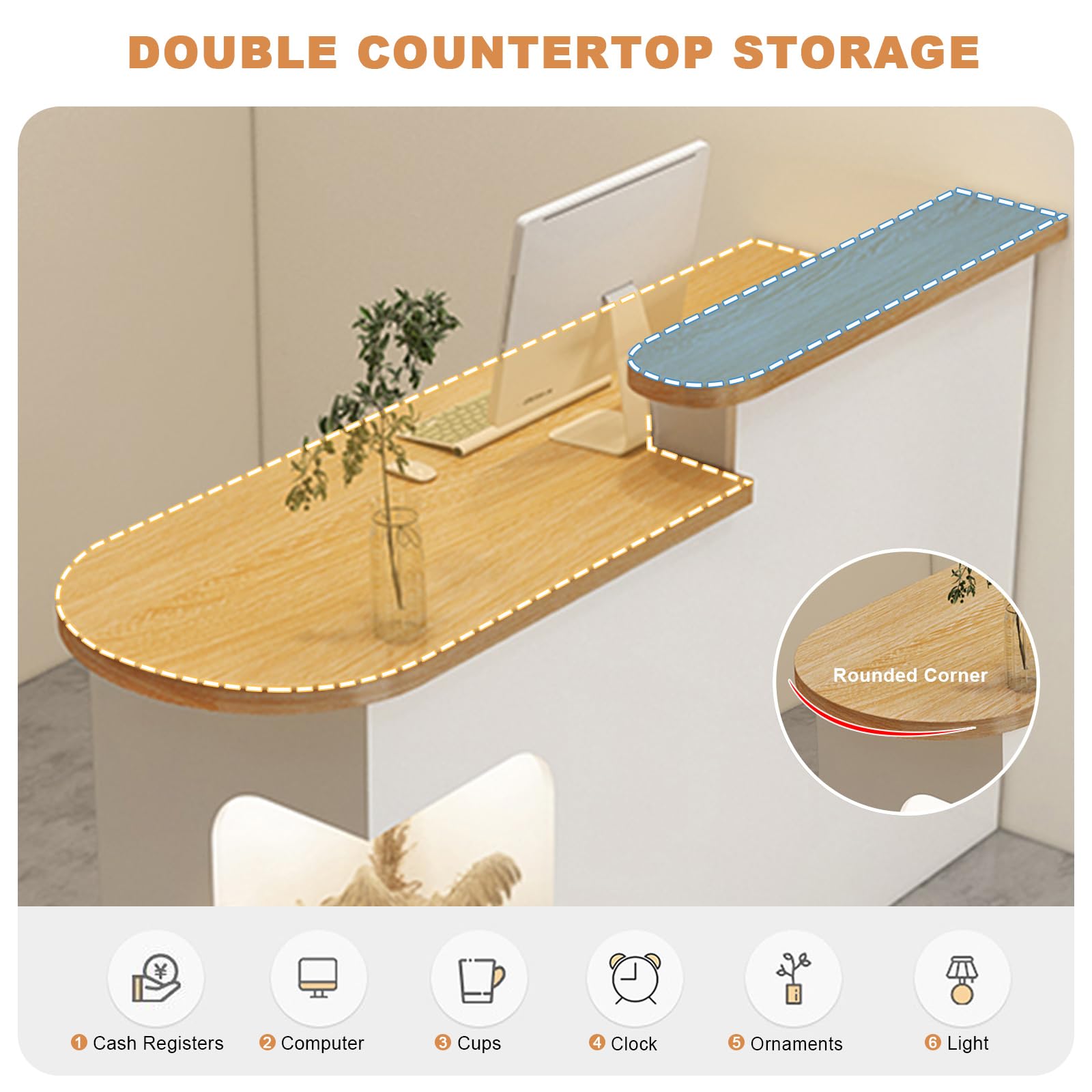 Modern Reception Desk with Lockable Drawer & Open Shelves - Large Retail Counter for Salon, Office Lobby & Checkout Station - Durable Front Desk with Storage Cabinet for Professional Spaces