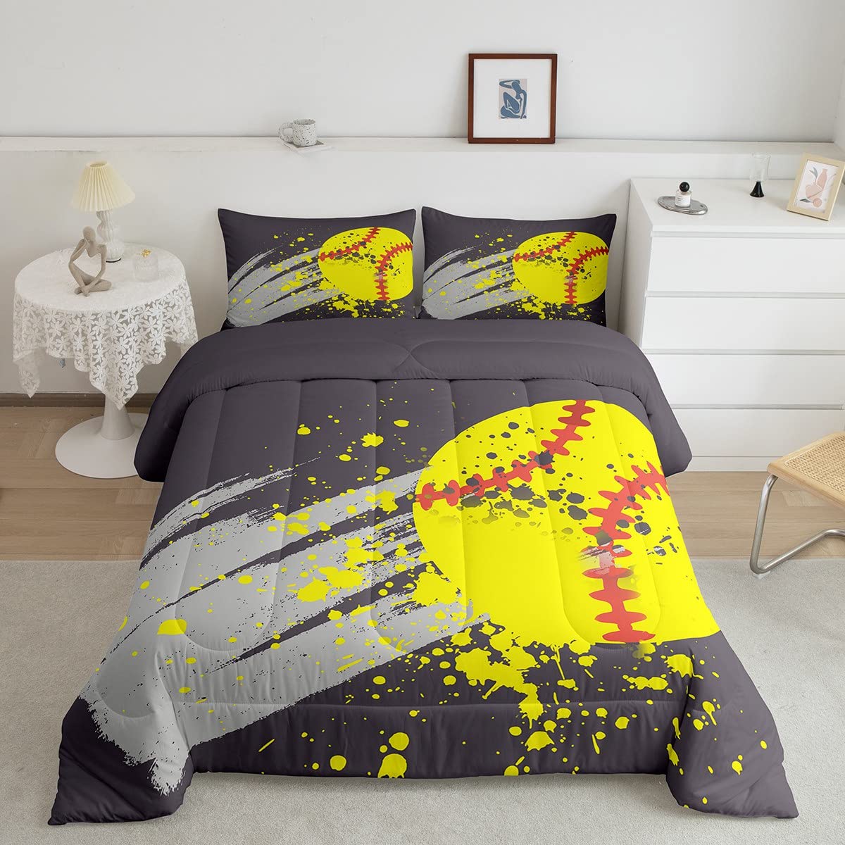 **Softball Pattern Comforter Set for Teens & Kids - Twin Size 2-Piece Watercolor Quilted Duvet Set (1 Comforter + 1 Pillowcase) - Yellow Ball Sports Theme Bedding for Boys & Girls - Perfect for Bedrooms, Dorms & Game Room Decor**