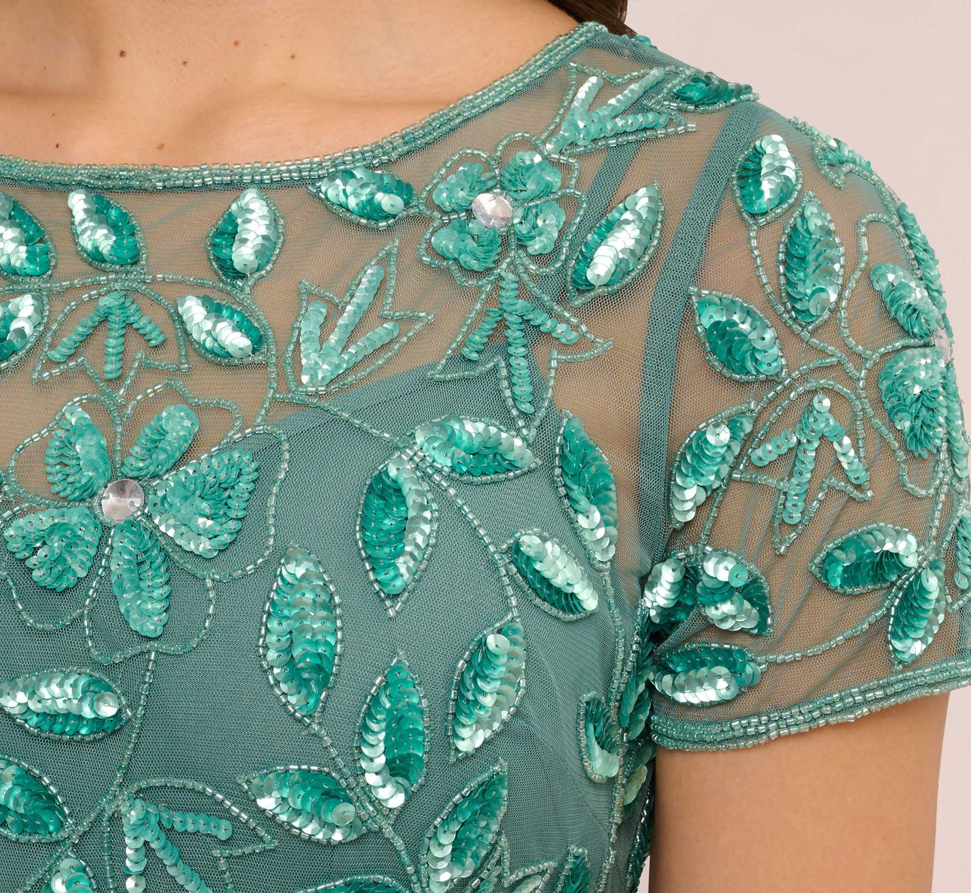 Hand Beaded Short Sleeve Floral Godet Gown in Green Slate - Elegant Boho Maxi Dress for Weddings, Parties & Special Occasions