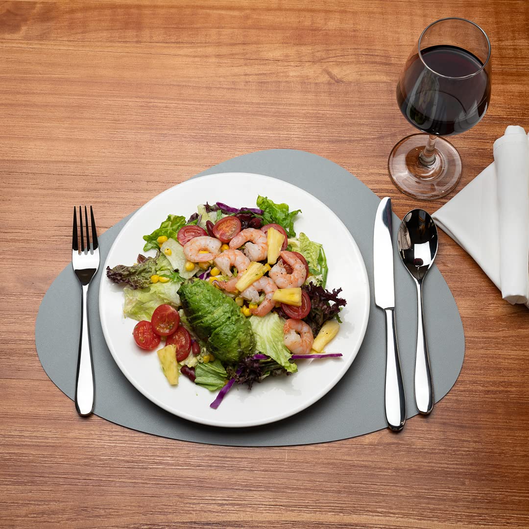 Restaurantware 16 Inch Egg-Shaped Vinyl Table Placemats - Set of 6 Stain-Resistant Gray Embossed Placemats with Leather-Like Texture for Dining Tables, Kitchen Countertops & Office Desks - Surface Protection for Daily Use