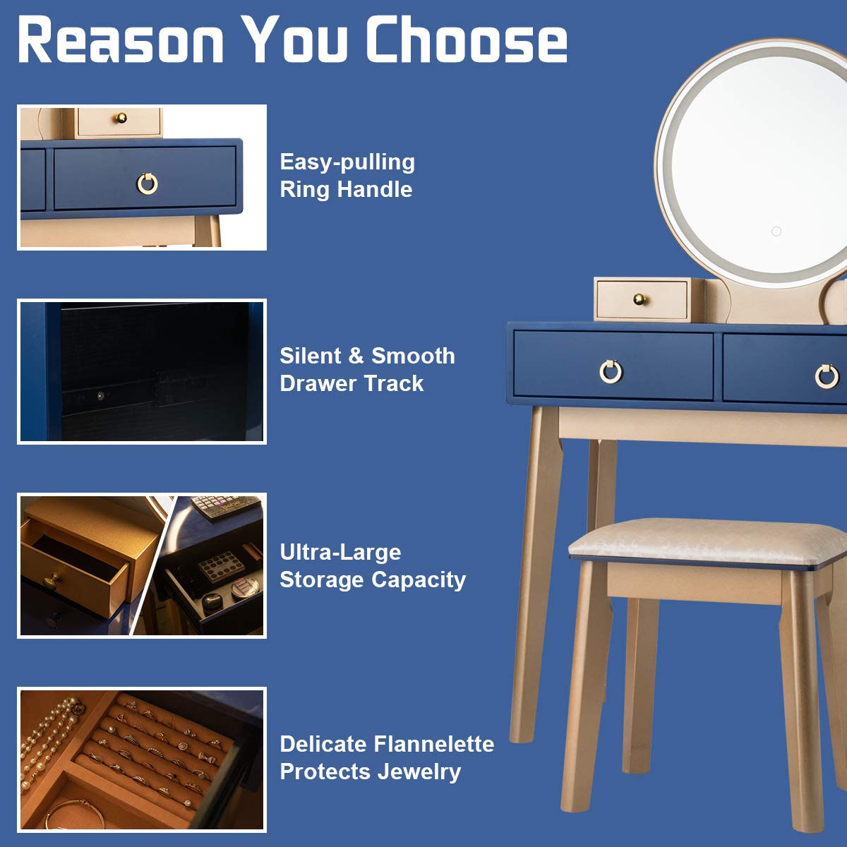 Charmaid Navy Blue Vanity Desk with LED Lights & 3-Color Mirror - Modern Makeup Dressing Table with 4 Drawers & Cushioned Stool - Perfect for Small Spaces, Bedrooms & Beauty Routines