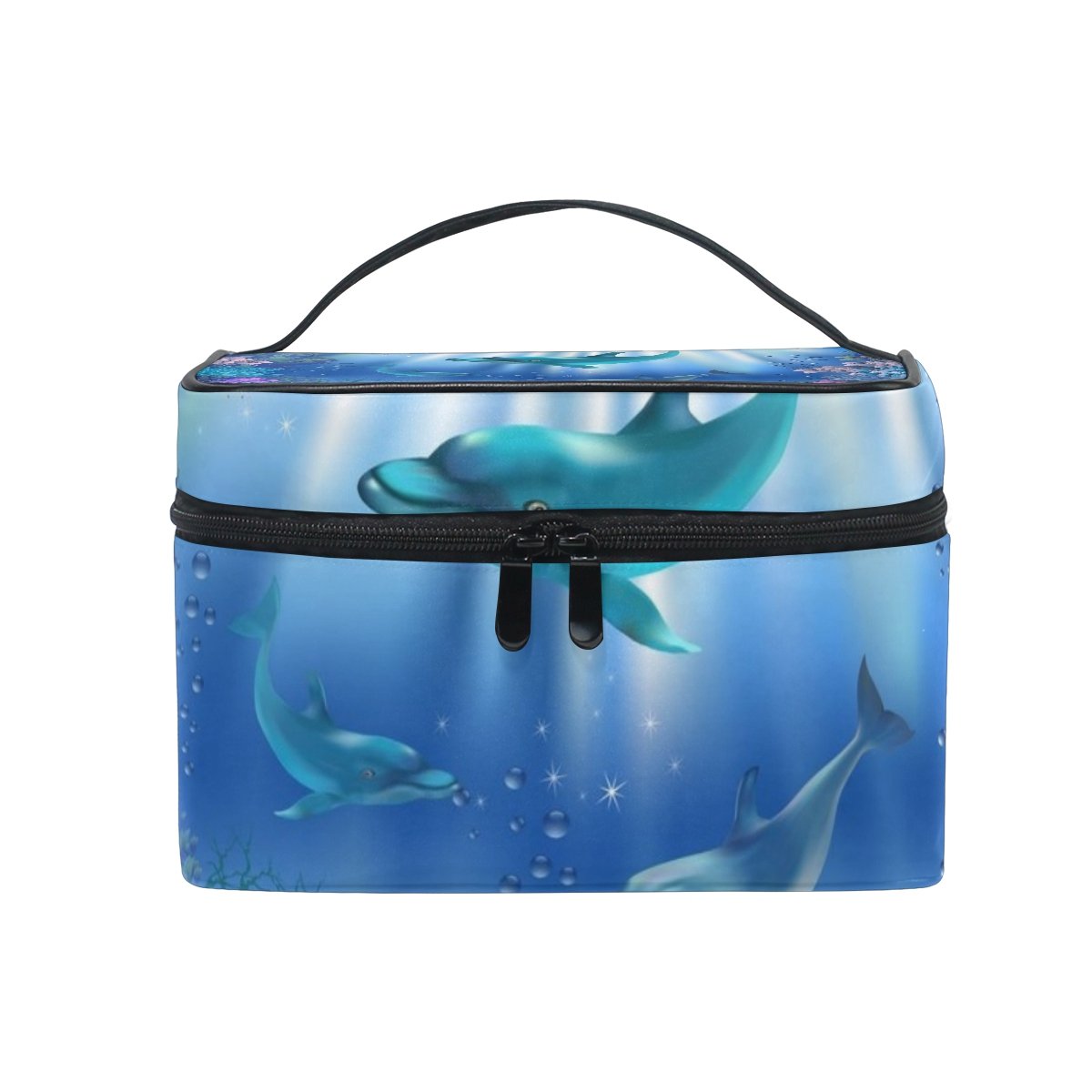 Dolphin & Plant Print Cosmetic Bag for Women - Waterproof Travel Makeup Pouch with Zipper, Train Case Storage Organizer - Perfect for Travel, Gym, and Daily Essentials
