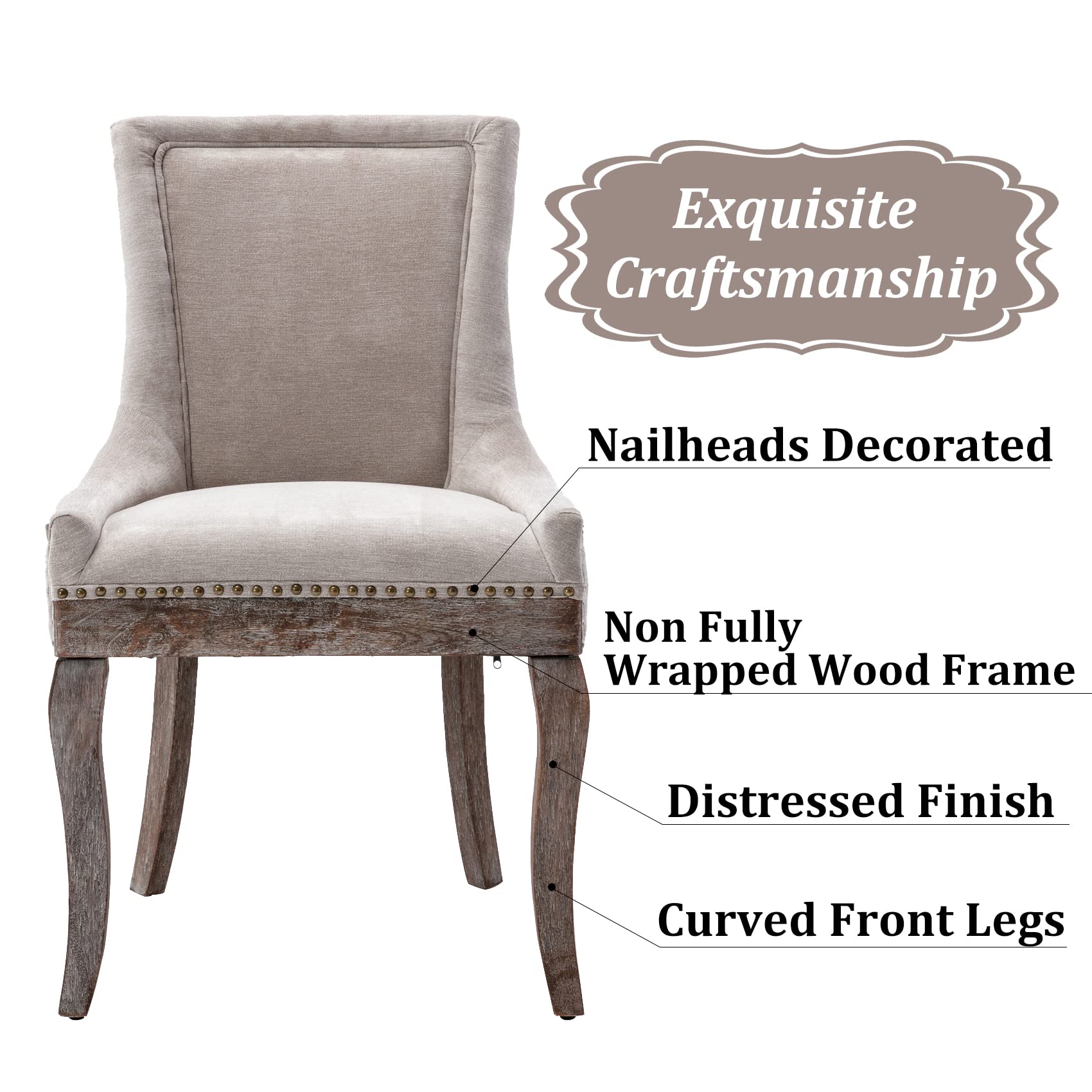 Aoowow 2-Piece Fabric Upholstered Side Chairs Set - Solid Wood Dining Chairs with Nailhead Trim, Beige - Perfect for Kitchen, Dining Room & Home Office Seating